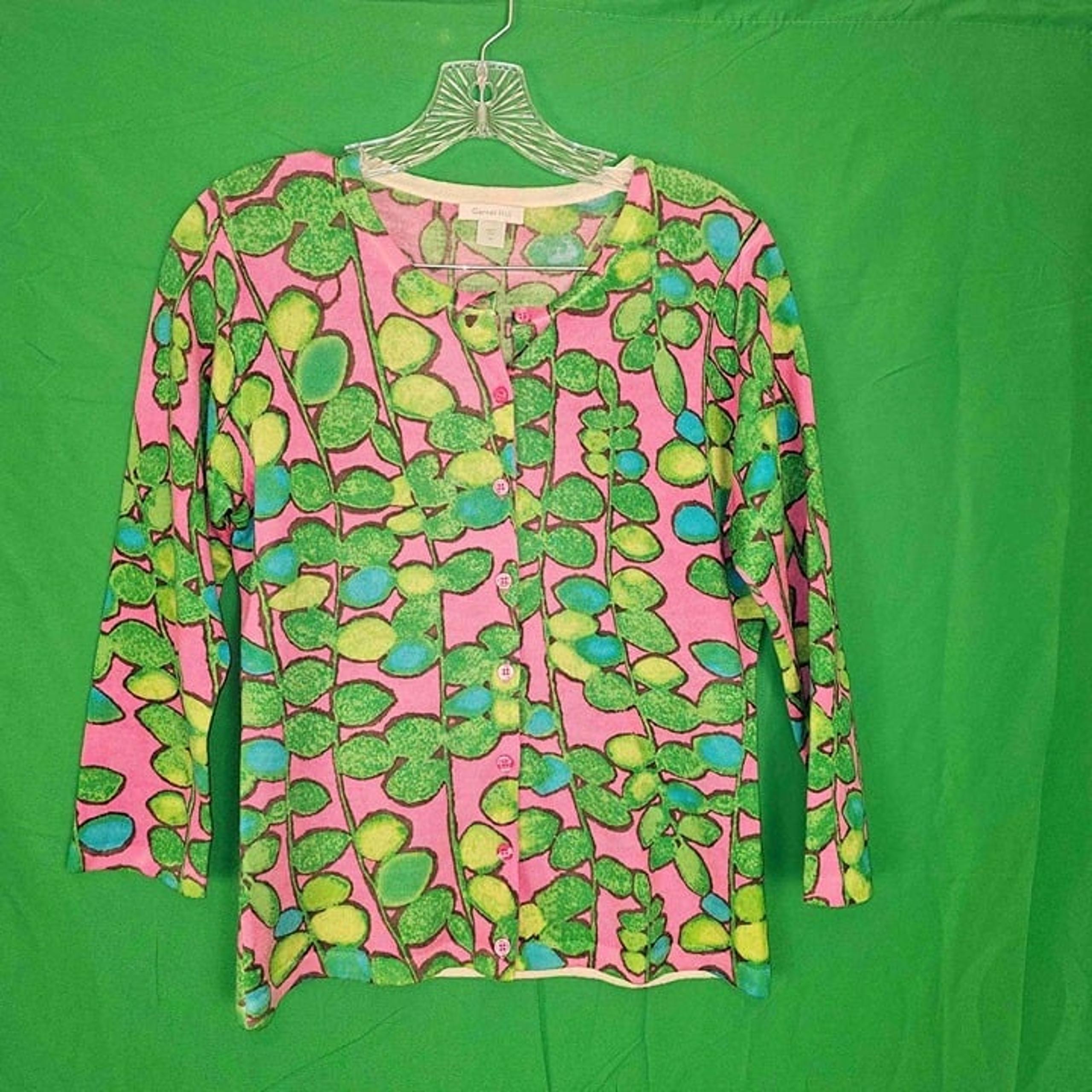Garnet Hill Womens Pink Green Merino Wool Cardigan Sweater Medium