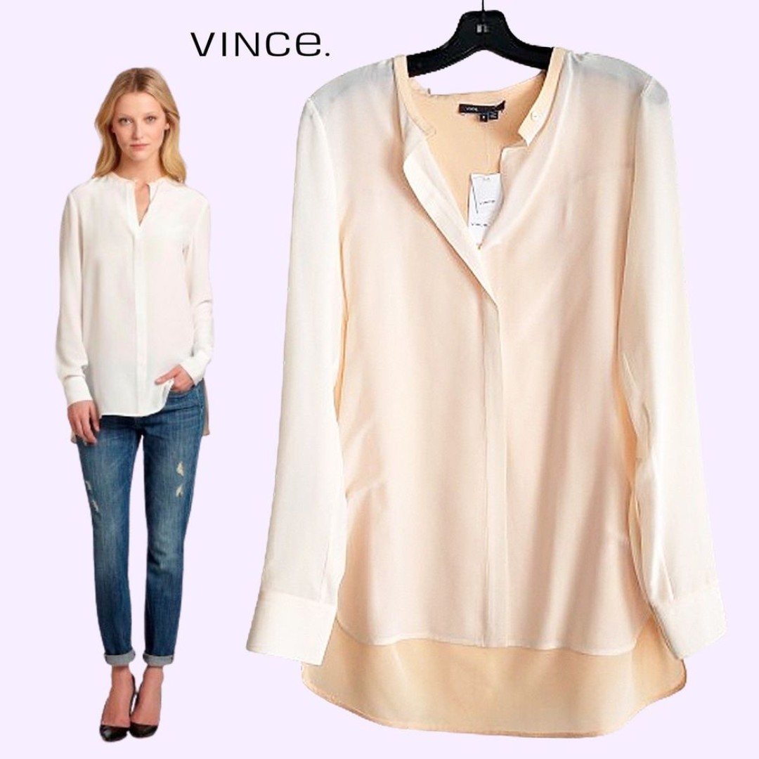 VINCE NEW 100% Silk Minimalist Mandarin Collar Colorblock Blouse 4