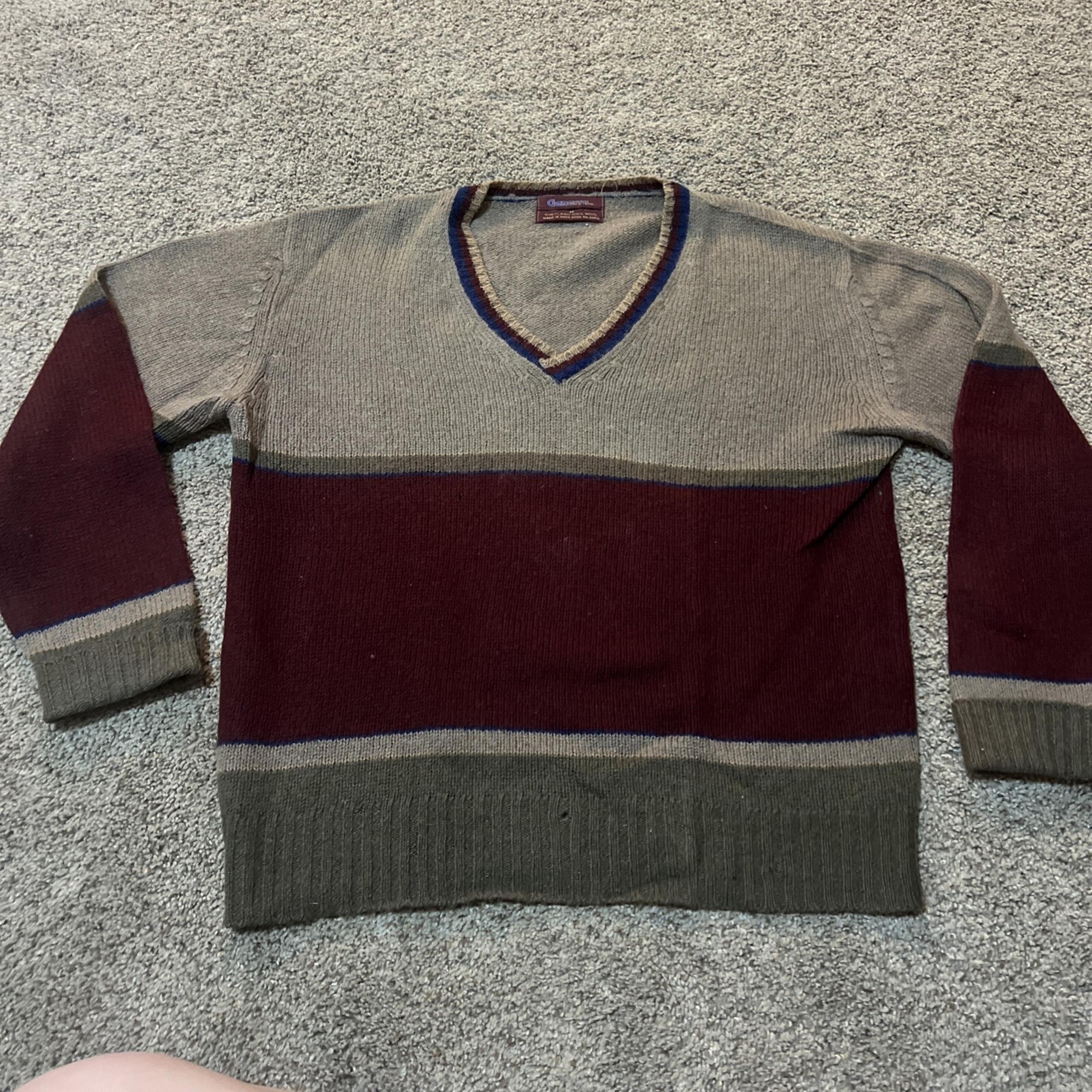 Vintage Grandpa Knit Wool Sweater Medium Color Block V Neck Stripe 90s Preppy