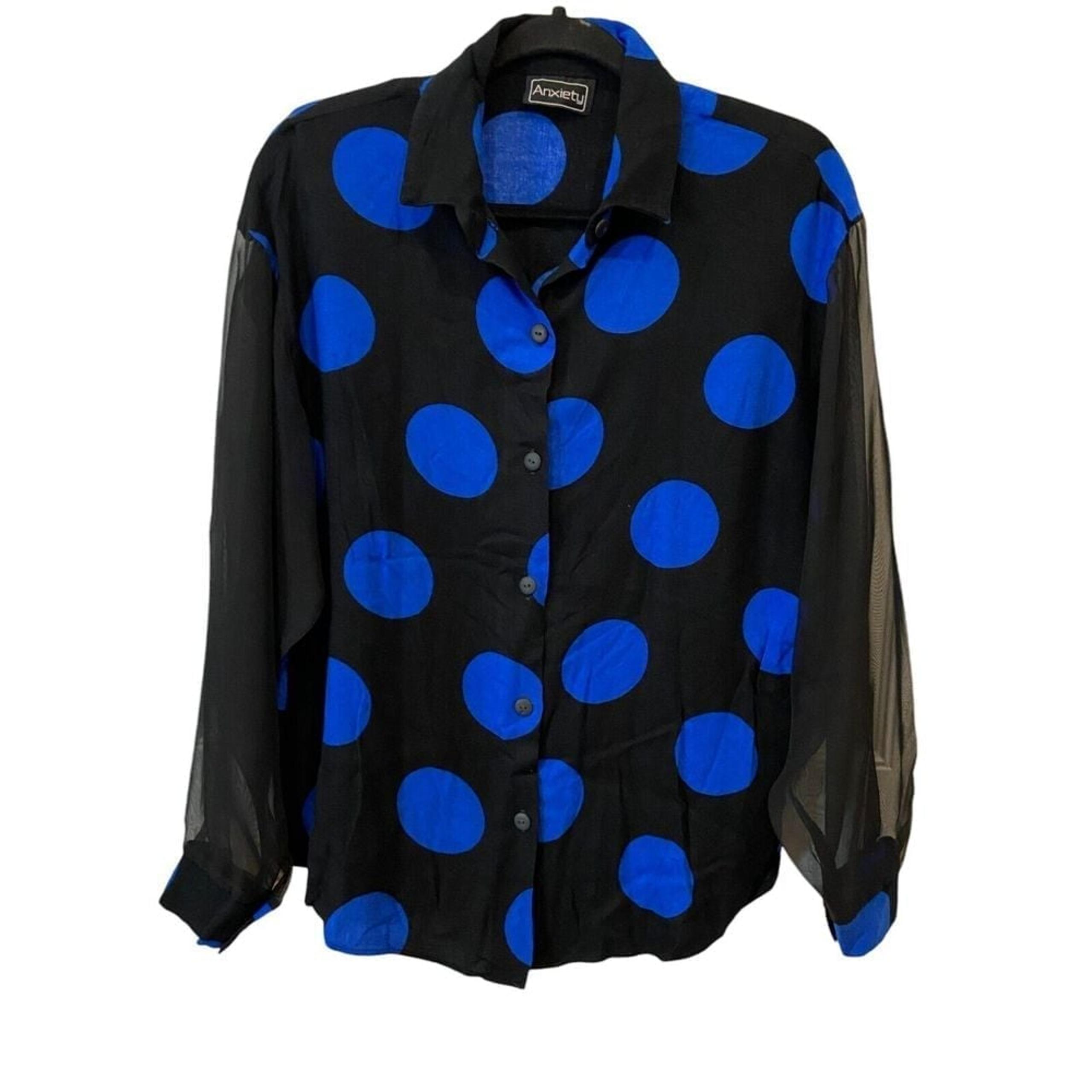 Anxiety Button Up Collared Polka Dots Sheer Sleeve Lace Blue Black Women's Shirt