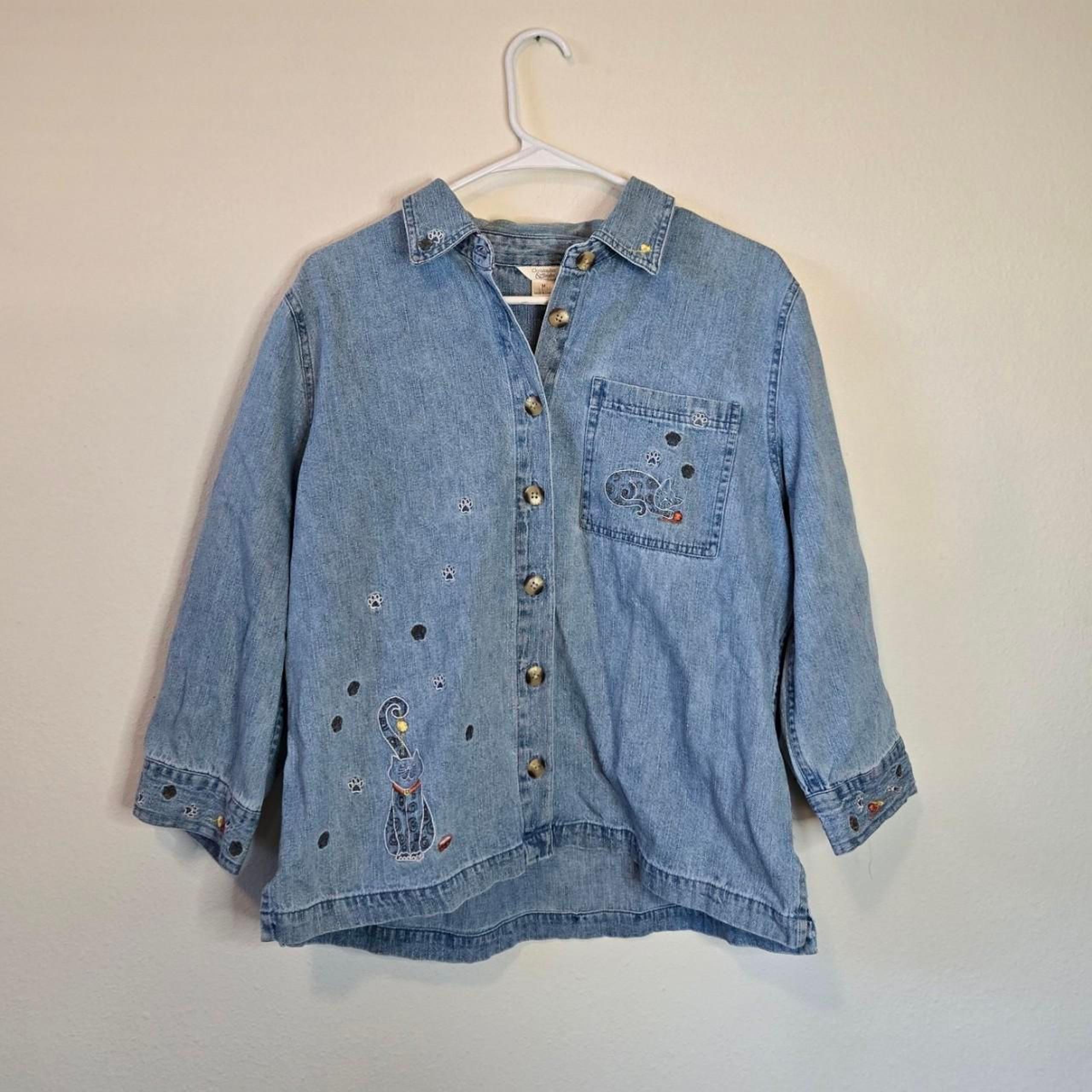 Women's Vintage 1990s Embroidered Kitty Cat Pet Denim Blouse Jacket Medium