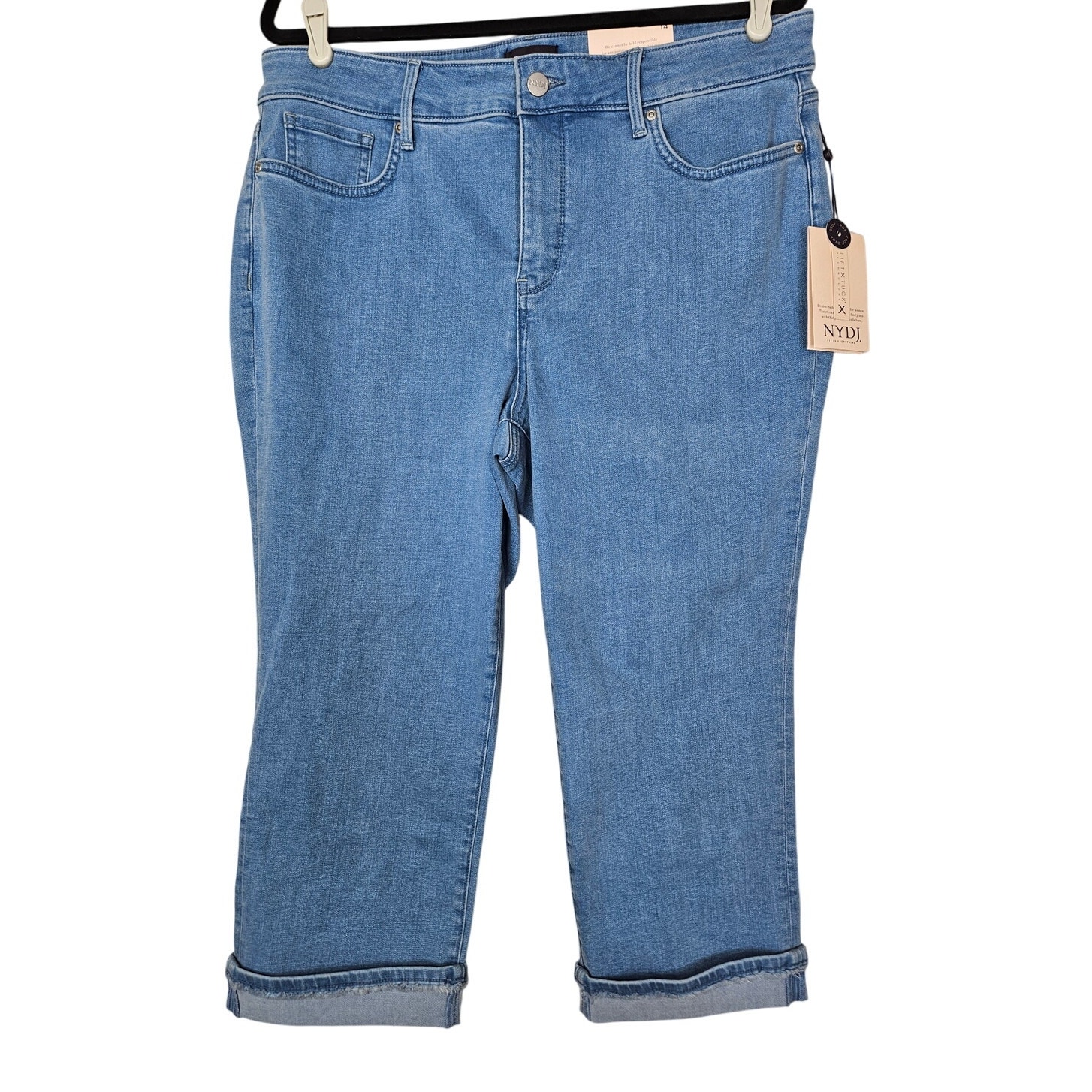 NEW NYDJ 14 Marilyn Straight Light Wash Crop Fray Cuff Belle Isle Stretch
