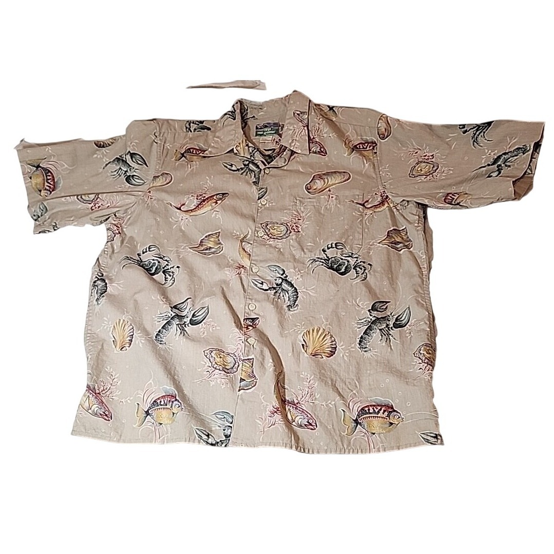 Reyn Spooner Hawaiian Shirt Mens Large Tan Fish Lobster Crab Button Down