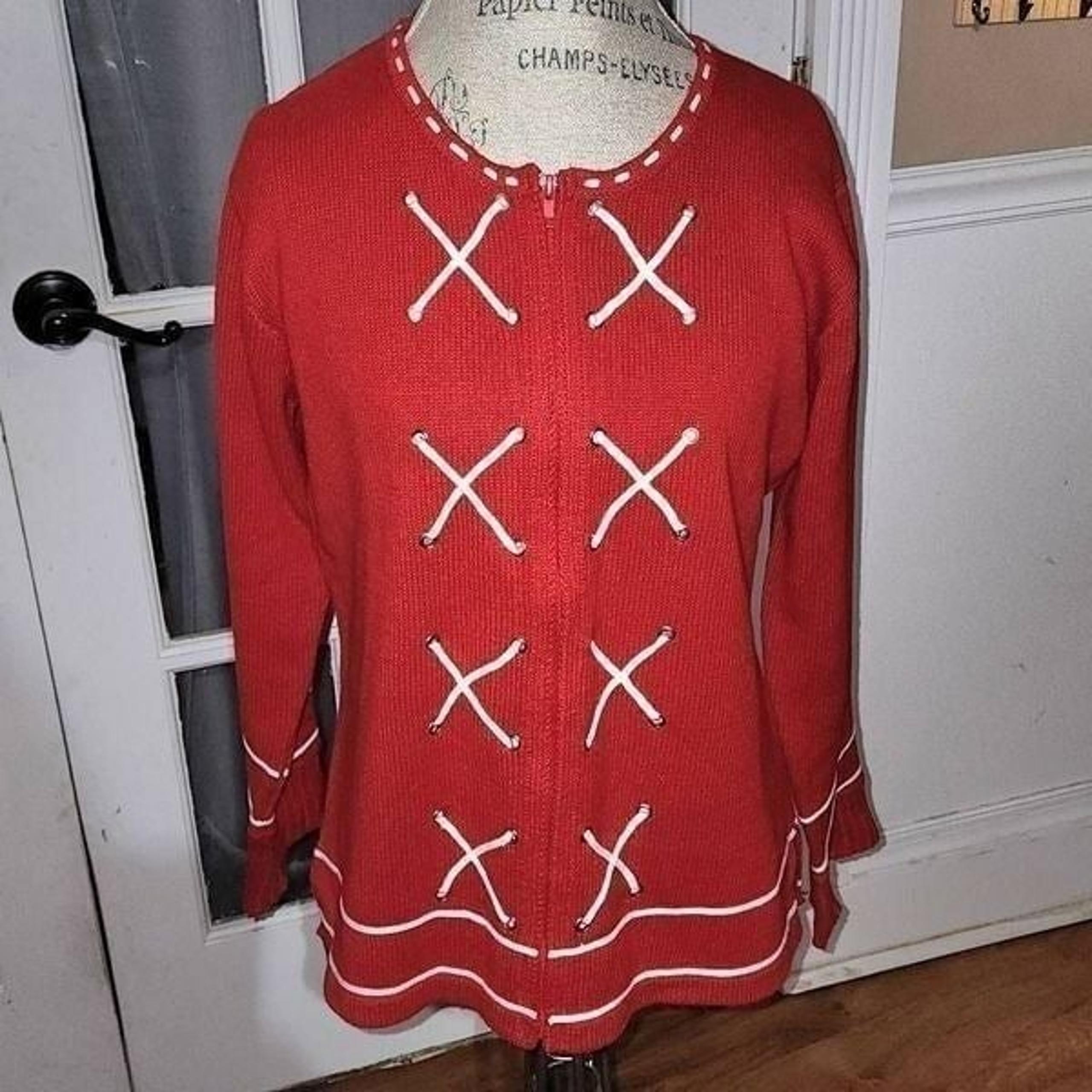 Storybook Knits Womens Red White Nantucket Shore Full Zip Cardigan Sweater Med