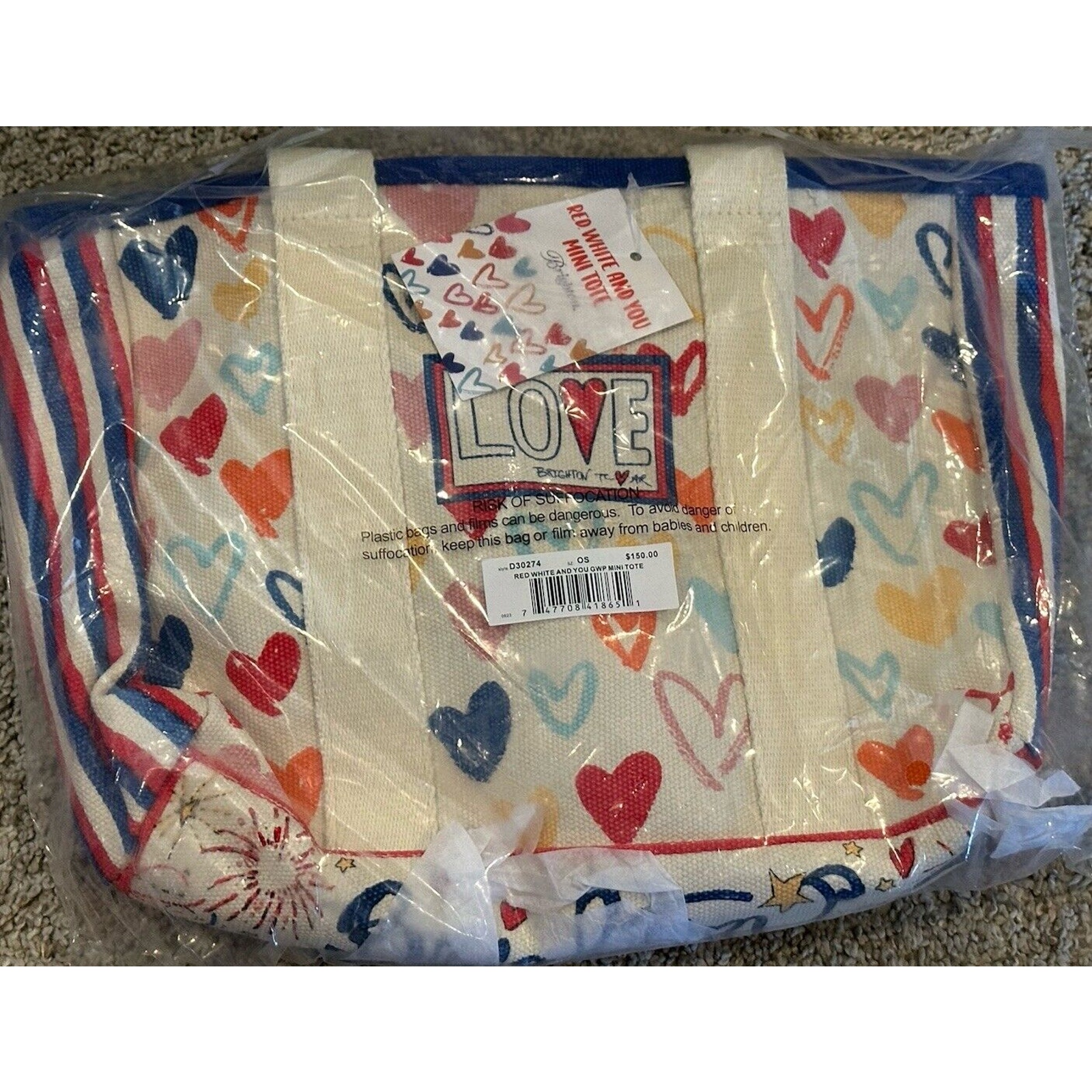 Brighton Mini Tote Bag Red White and You Canvas With Hearts and Love New 150