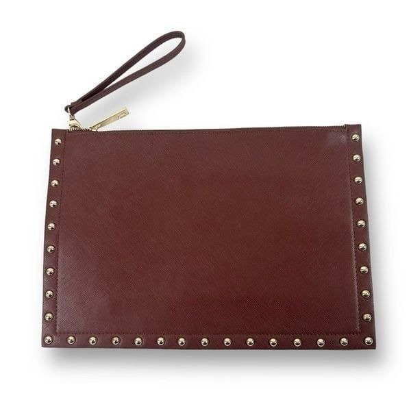White House Black Market Women's Studded Clutch Brown Faux Leather Wristlet