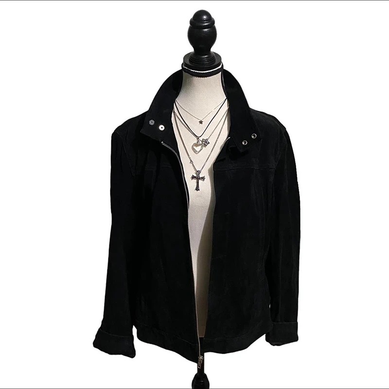 Vintage Black Leather Suede Zip-Up Jacket