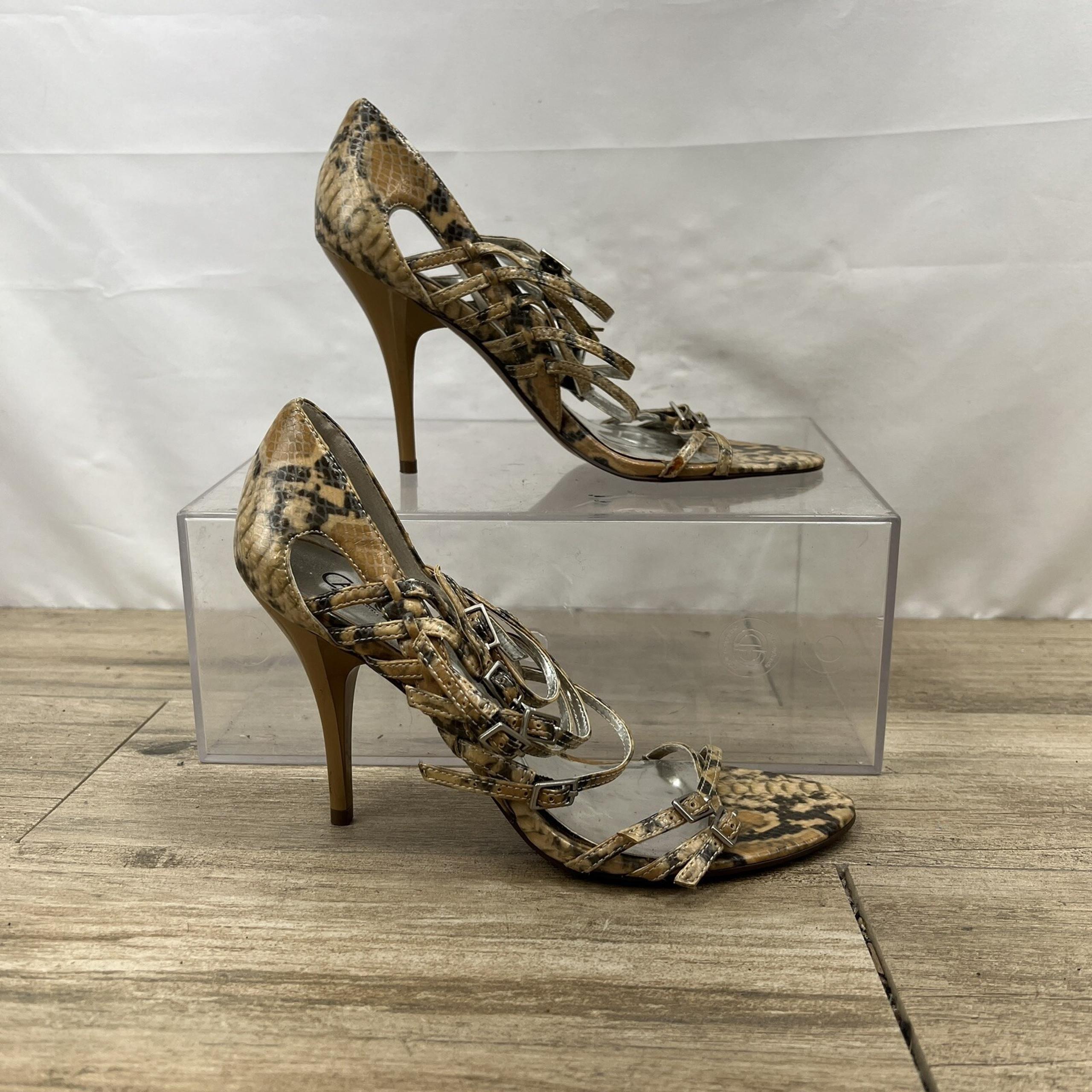 Carlos Santana Candy Black Tan Strappy Sandals Heels Shoes Pumps Women 7M Snake