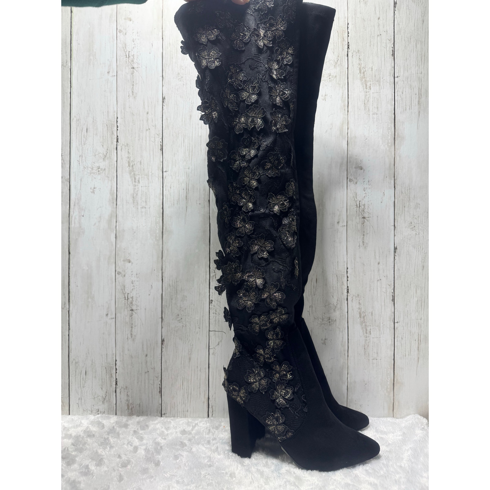 Wild Diva Katy 09 Womens Media Floral Over the knee Block Heel Boot Size 81/2