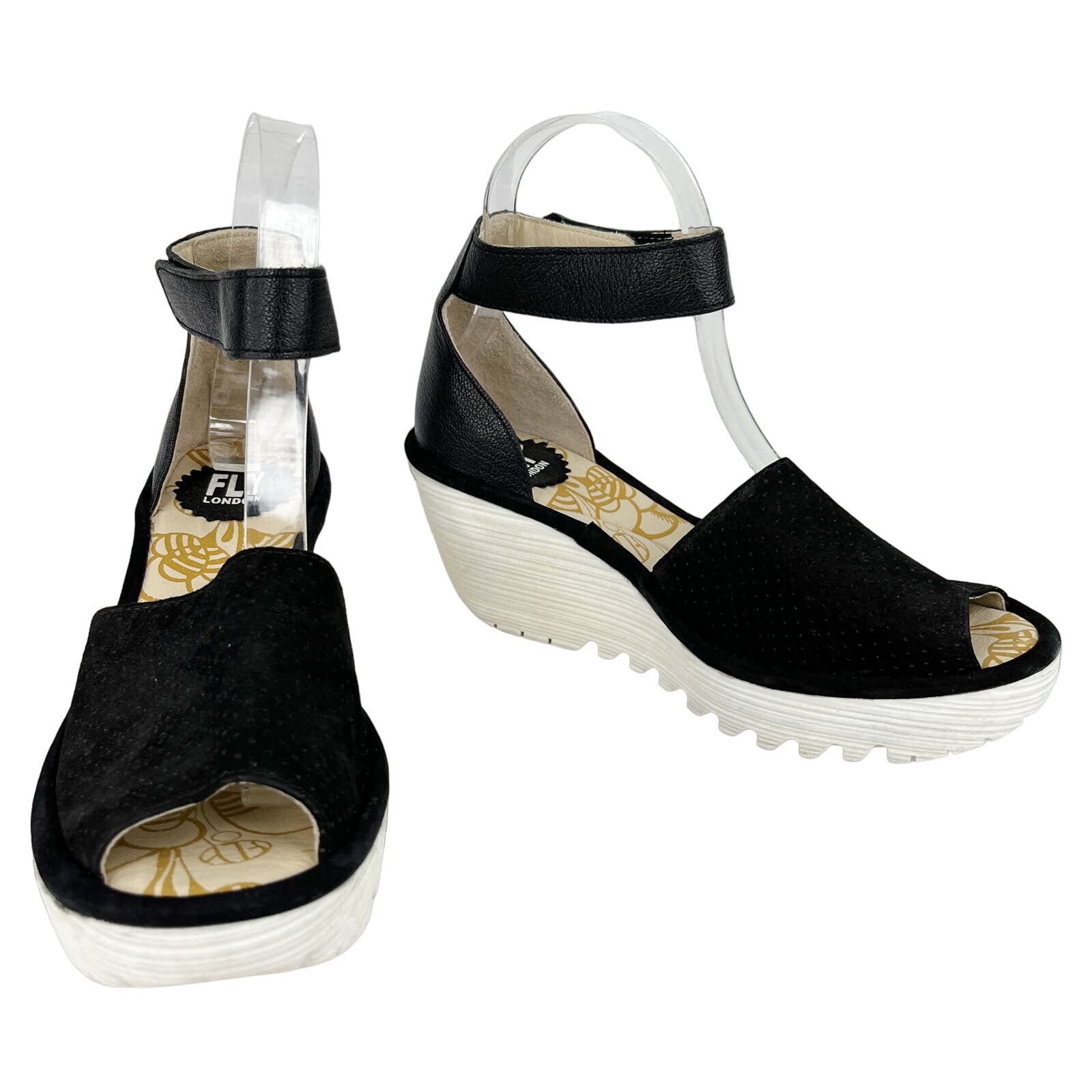 FLY London Perforated Leather Wedge Sandals Yake Black Nubuck White 37
