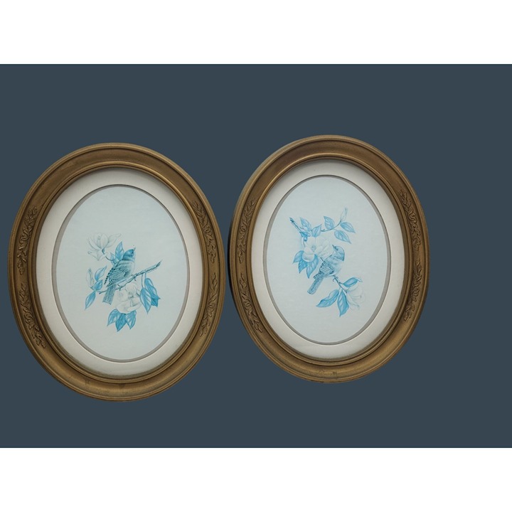 VTG Oval Blue Bird Gold Ornate Frame 11"x9" Homco Magnolia Cottage Granny Core