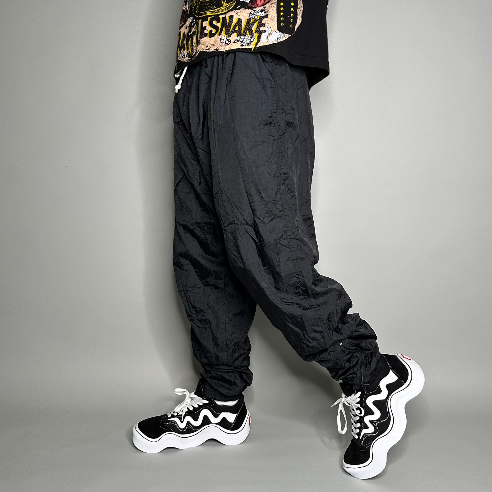 Vintage Track Pants Jet Black Nylon Joggers Elastic Cuffs has Ankle Zippers 90s