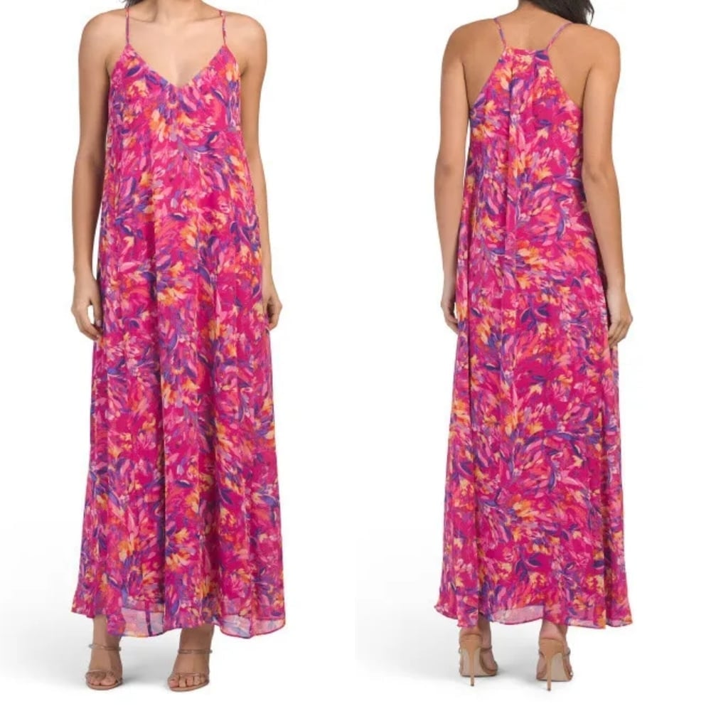 Nicole Miller New York Abstract Floral Side Pocket V-neck Racerback Maxi Dress
