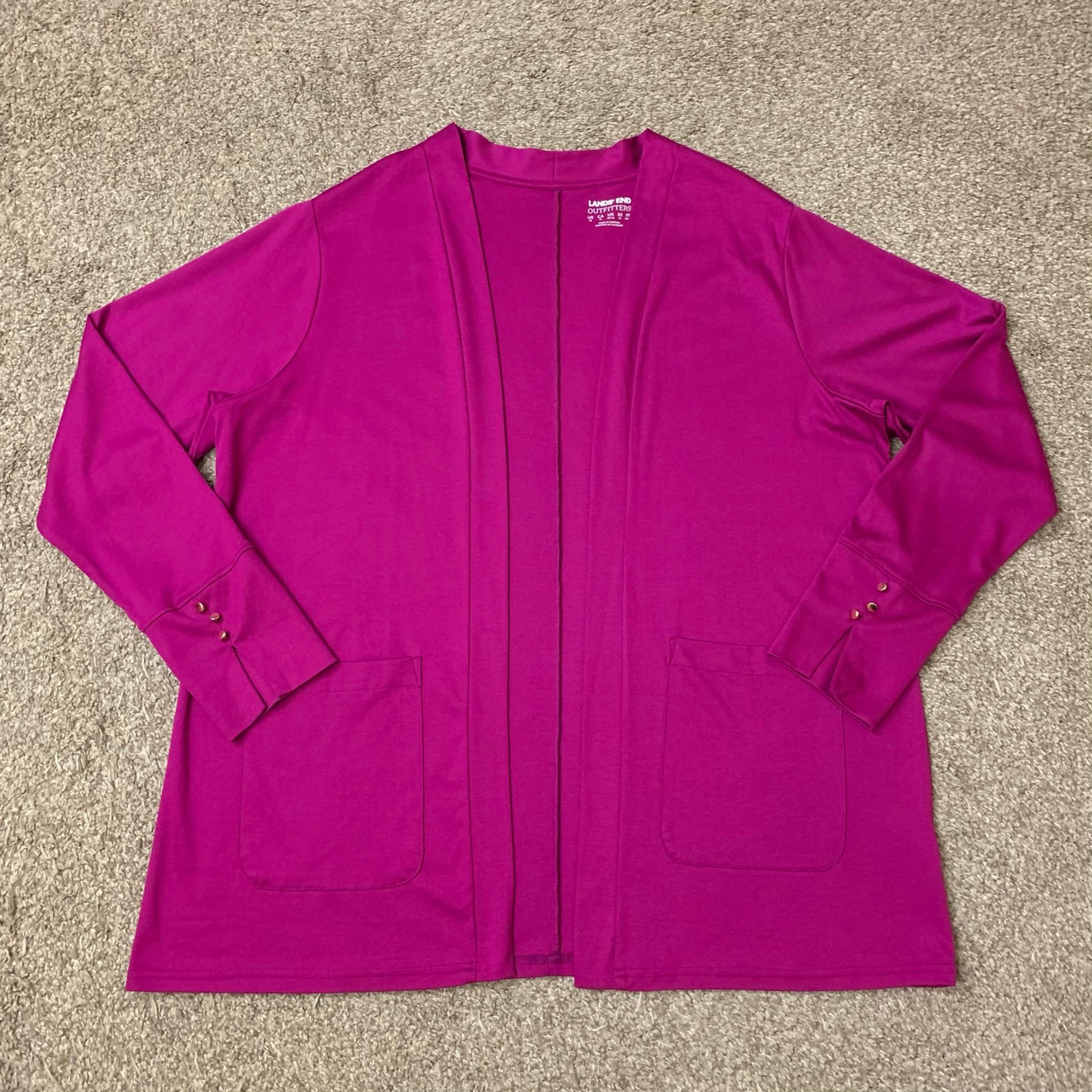 Lands End Cardigan Womens 1X Maroon Pink Open Front Gold Button Lightweight Knit