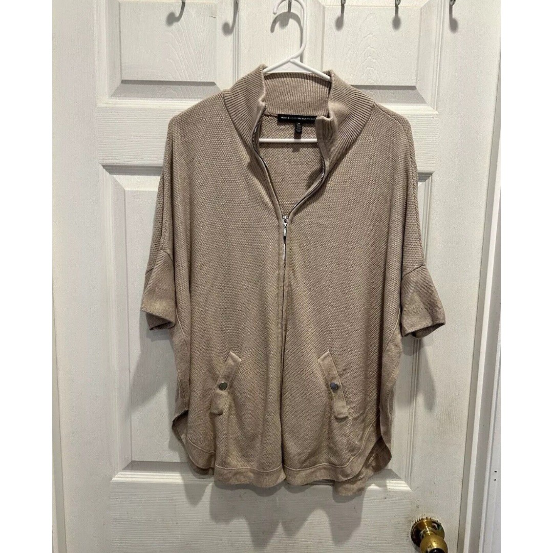 White House Black Market Beige Tan Cowl Neck Zip-Up Sweater Poncho Size Medium