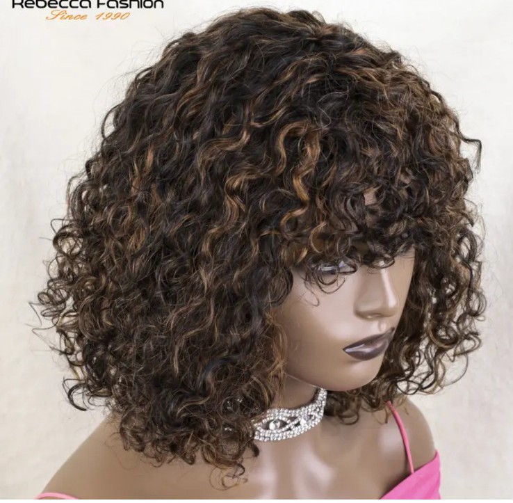 10 inch Curly Wave Short Bob 100% Human Hair Wig With Bangs 180% Density 1b/30