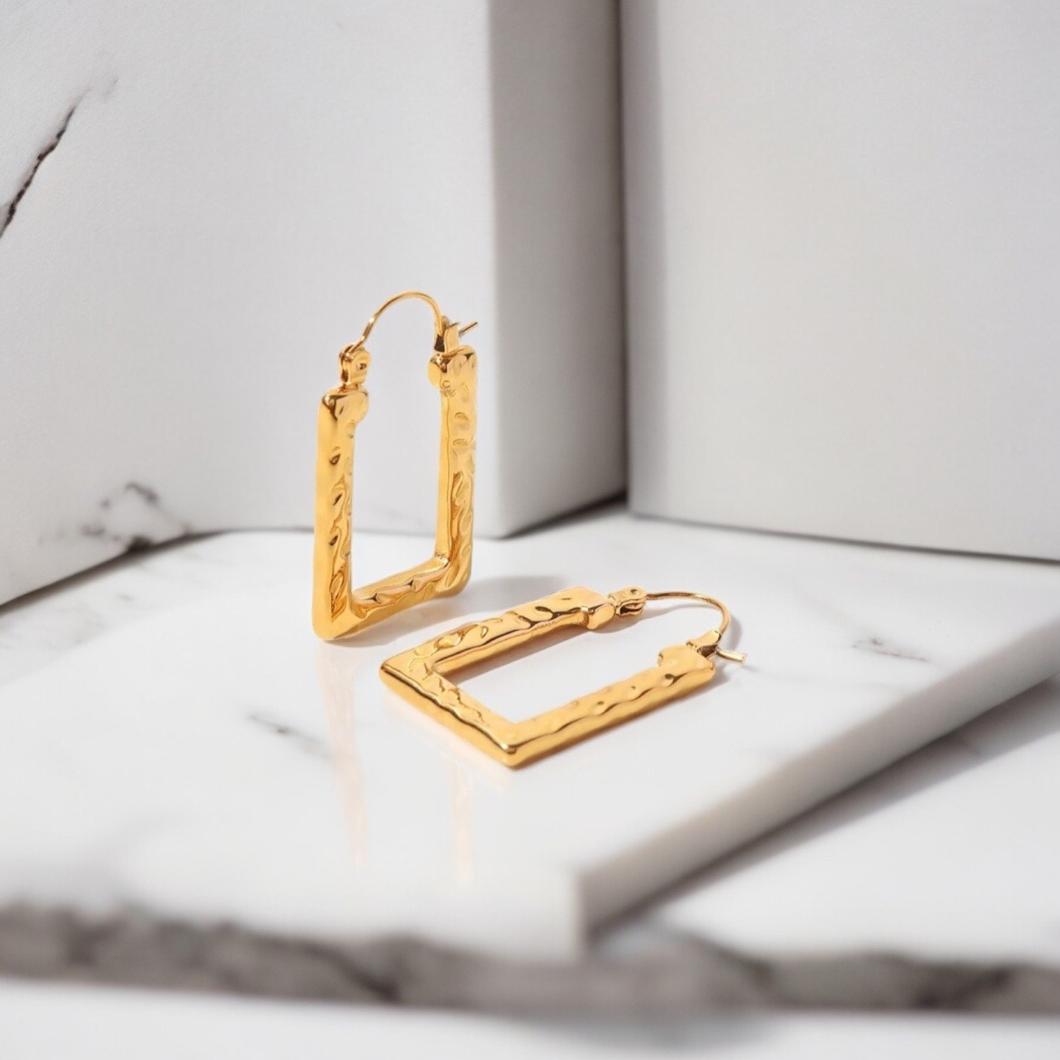 NEW 18K yellow gold plated square shaped pounded hoop earrings jewelry B5A