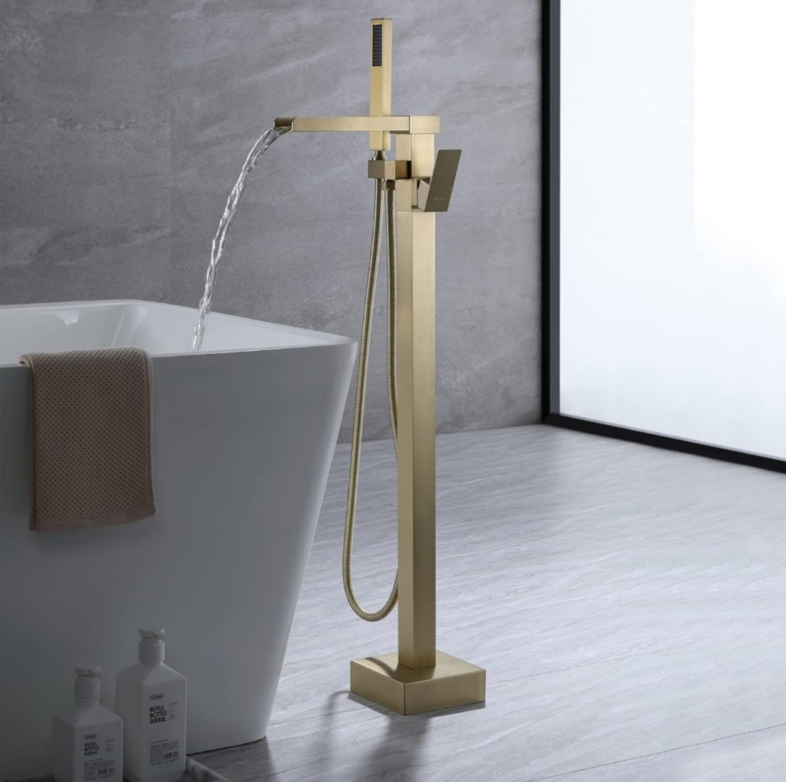 TapLong Freestanding Bathtub Faucet Waterfall Single Handle Tub Filler with Hand