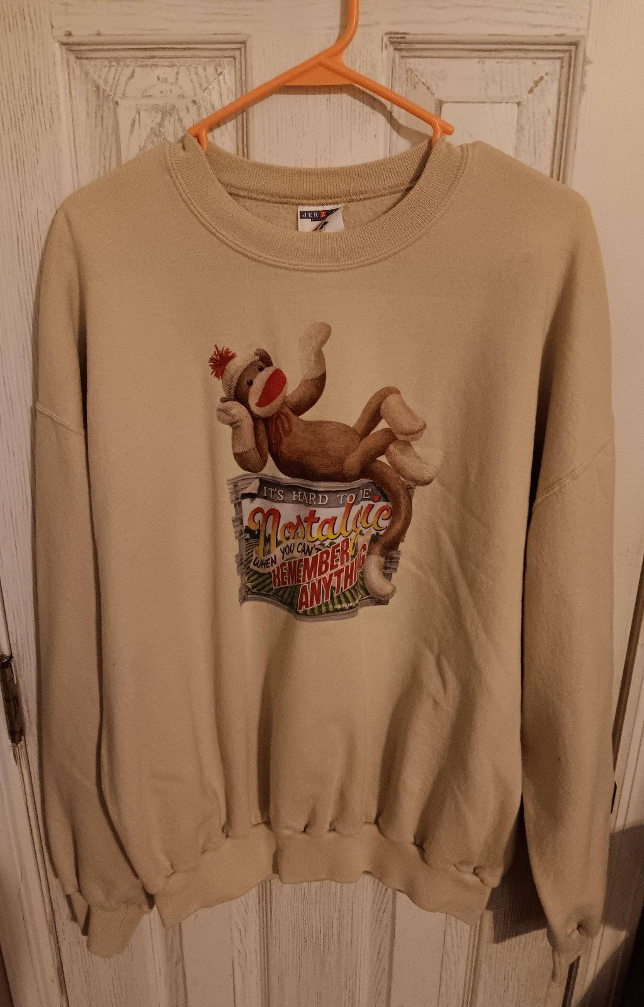 Jerzees Mens Beige XL Sock Monkey Nostalgic Pullover Sweatshirt