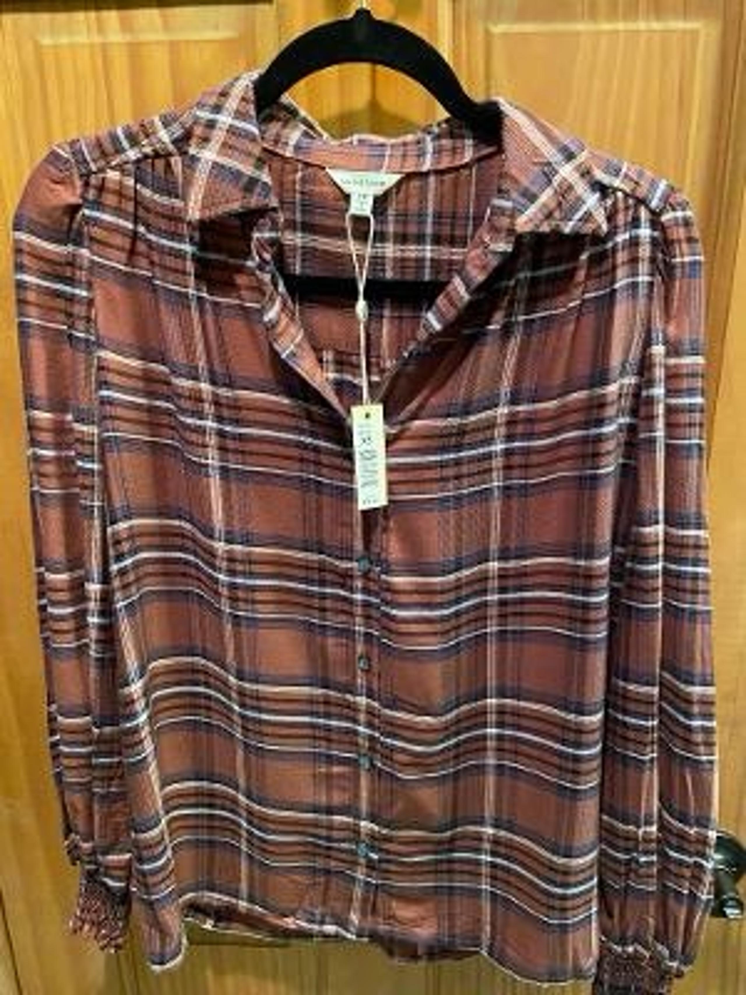 MAX STUDIO Brown Plaid Sleeve Button Front Plaid Shirt Sz XS NWT