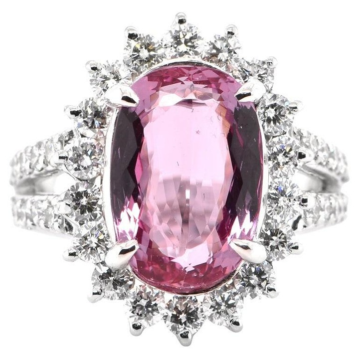 9.40Ct Natural Long Oval Pink Topaz & White Sapphire Halo Solitaire Ring