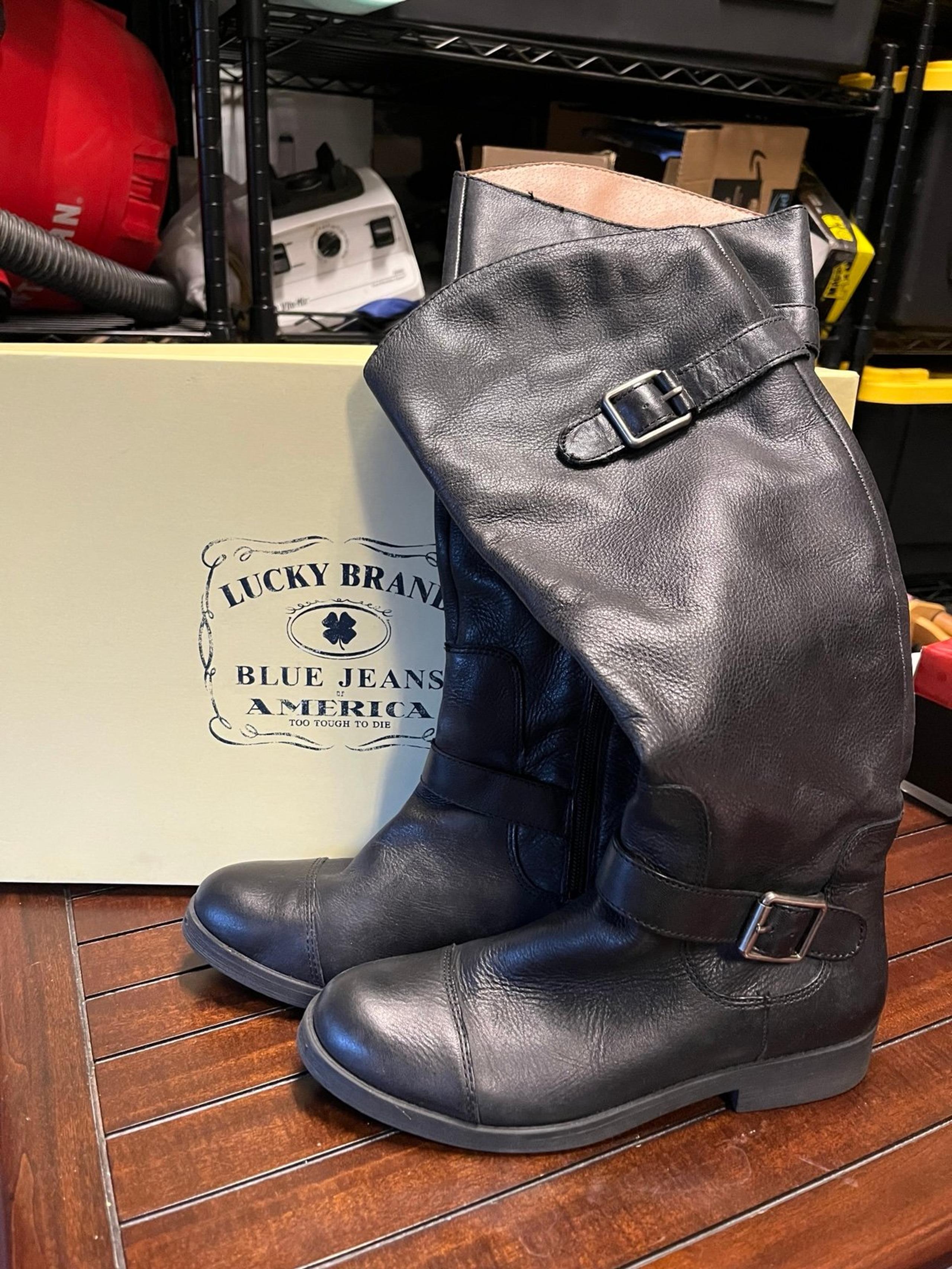 Lucky Brand Knee High Riding Boot Women Sz 8 Black Leather Buckle Round Toe