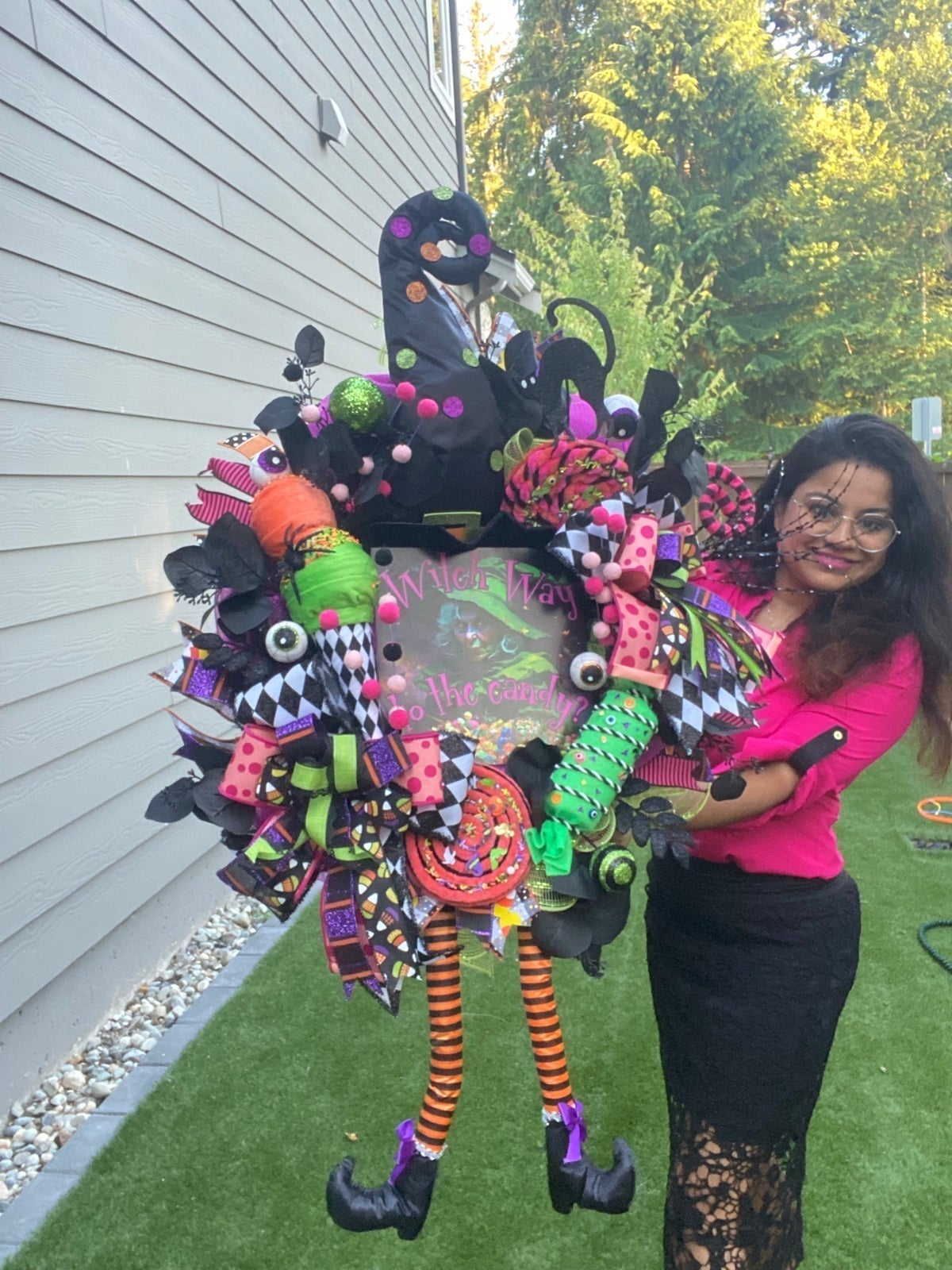 Halloween candy Witch wreath for front door. Witch wreath. Witch way to the cand