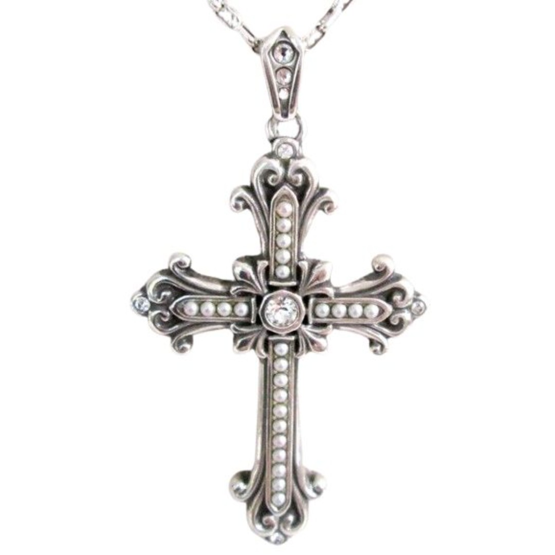 Brighton Large Cross Necklace Swarovski Crystals Pearl Pendant Long Silver Chain