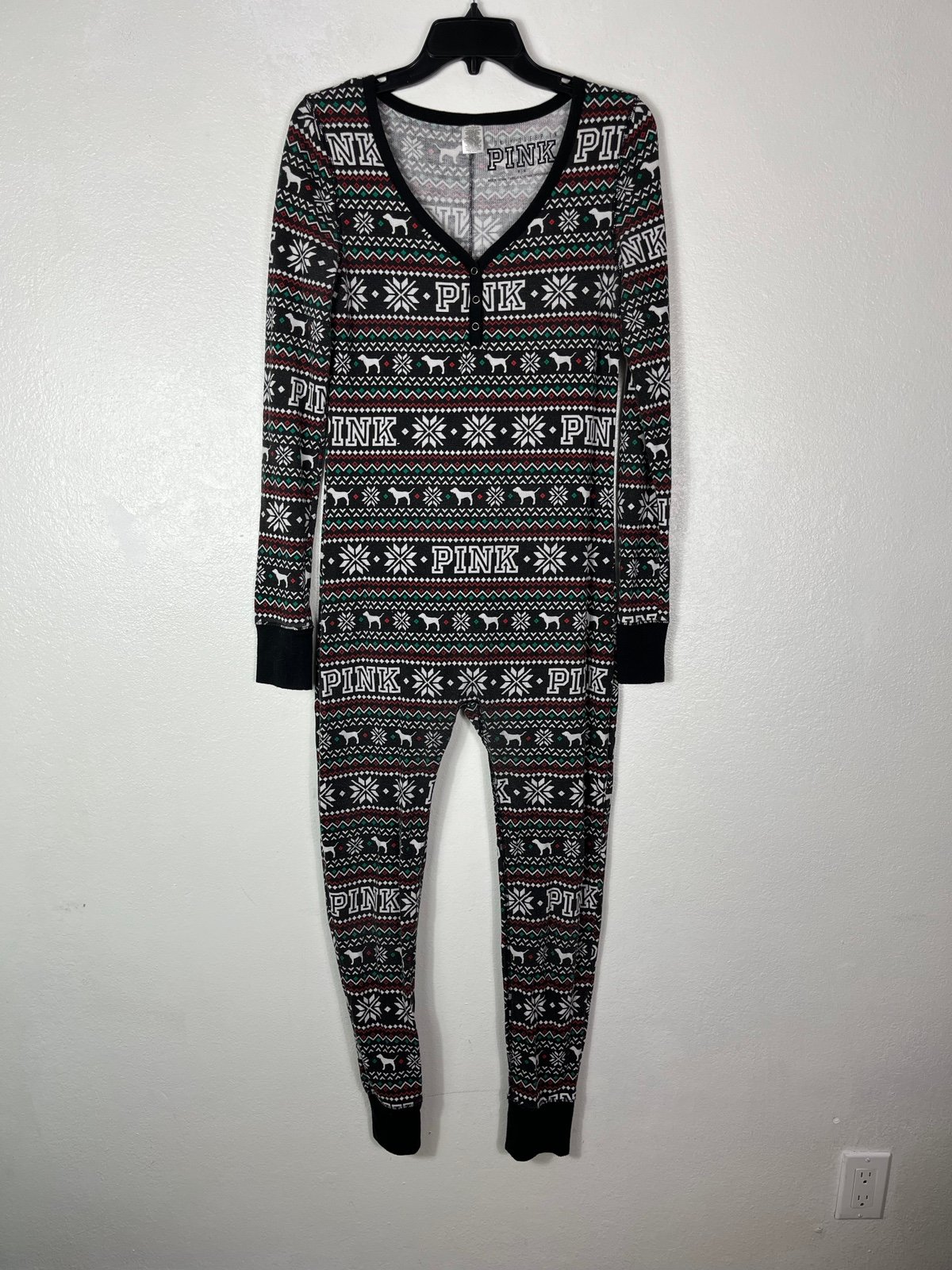 Victoria’s Secret PINK Black Fair Isle Long Jane Thermal Onesie Pajamas medium