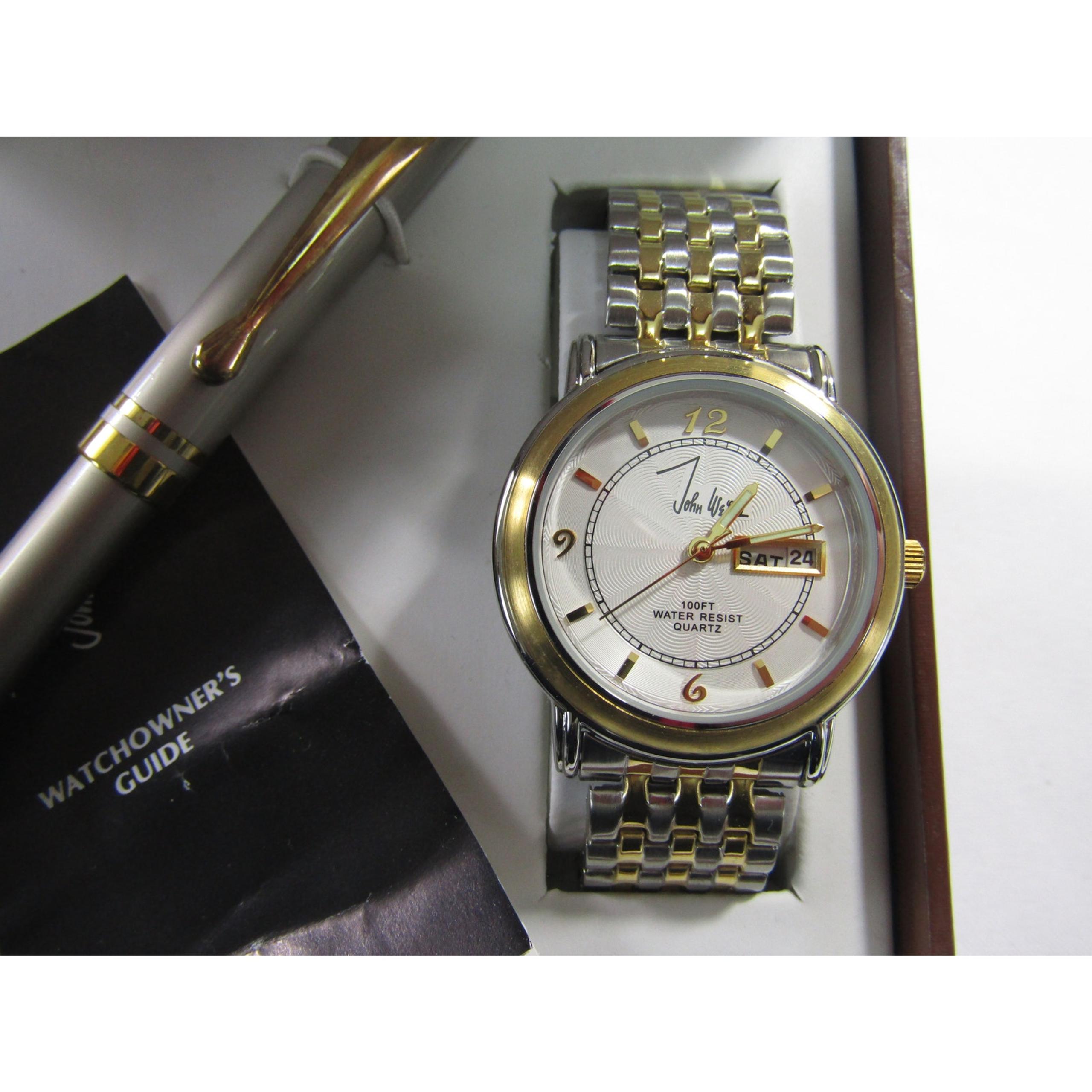John Weitz Men's Watch & Pen Set 100Ft Water Resistant Two Tone Stretch VTG READ