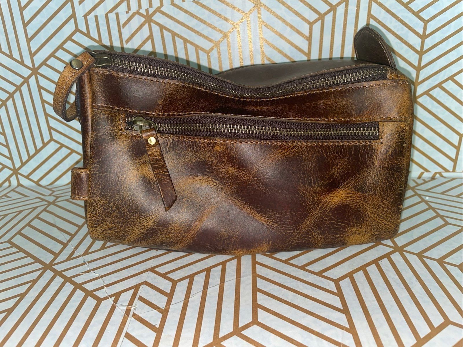 KomalC Oil Tanned Scuff Buffalo Leather Touletry Dopp Kit Brown