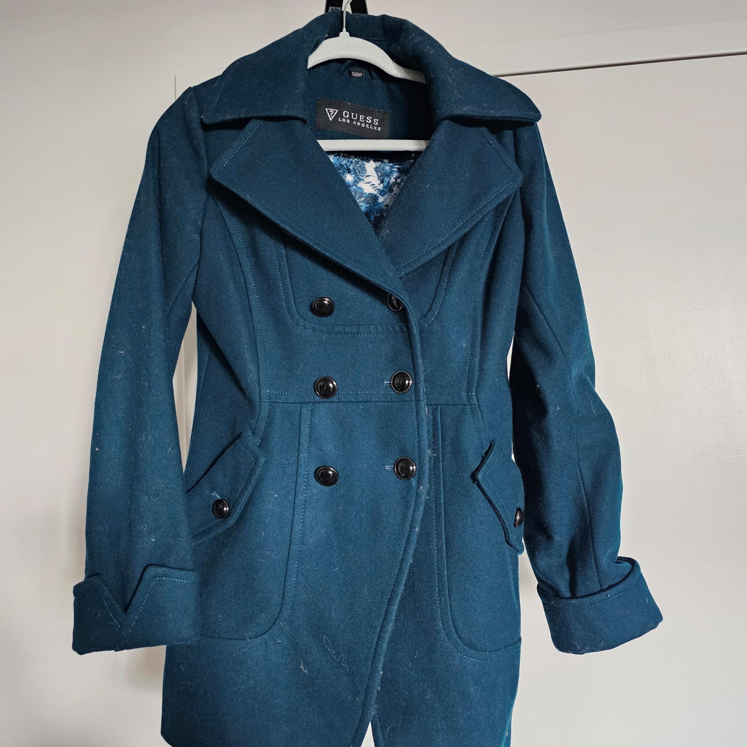 Women's Double-Breasted Coat Teal Green Wool Blend Peacoat Size Small - GUESS
