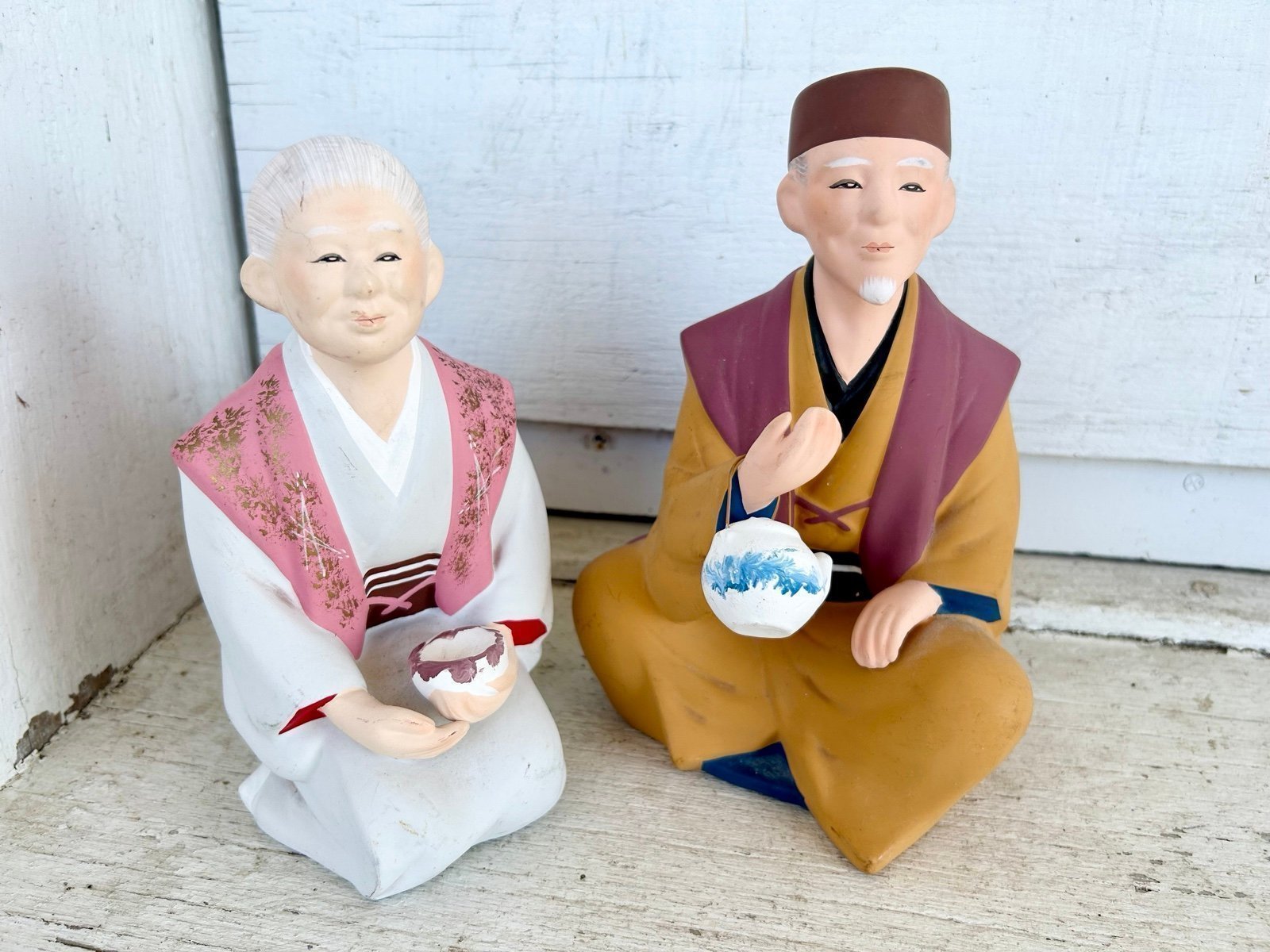 Hakata Vintage Rare Japanese Artisan Clay Sculptures Elderly Man & Woman Statue