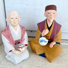 Hakata Vintage Rare Japanese Artisan Clay Sculptures Elderly Man & Woman Statue
