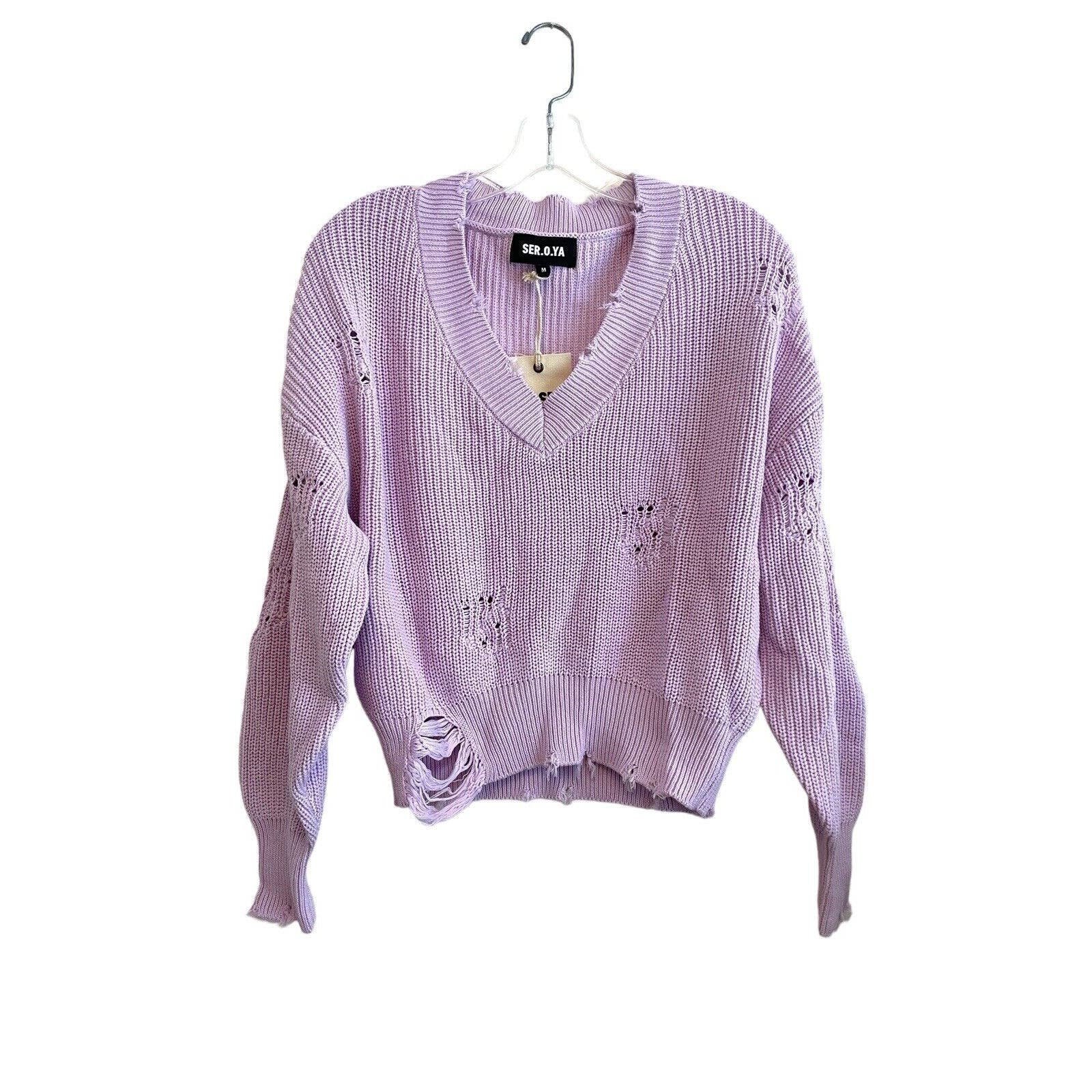 NWT SER.O.YA Syd Sweater Women Size Medium Lavender Purple Distressed V-neck