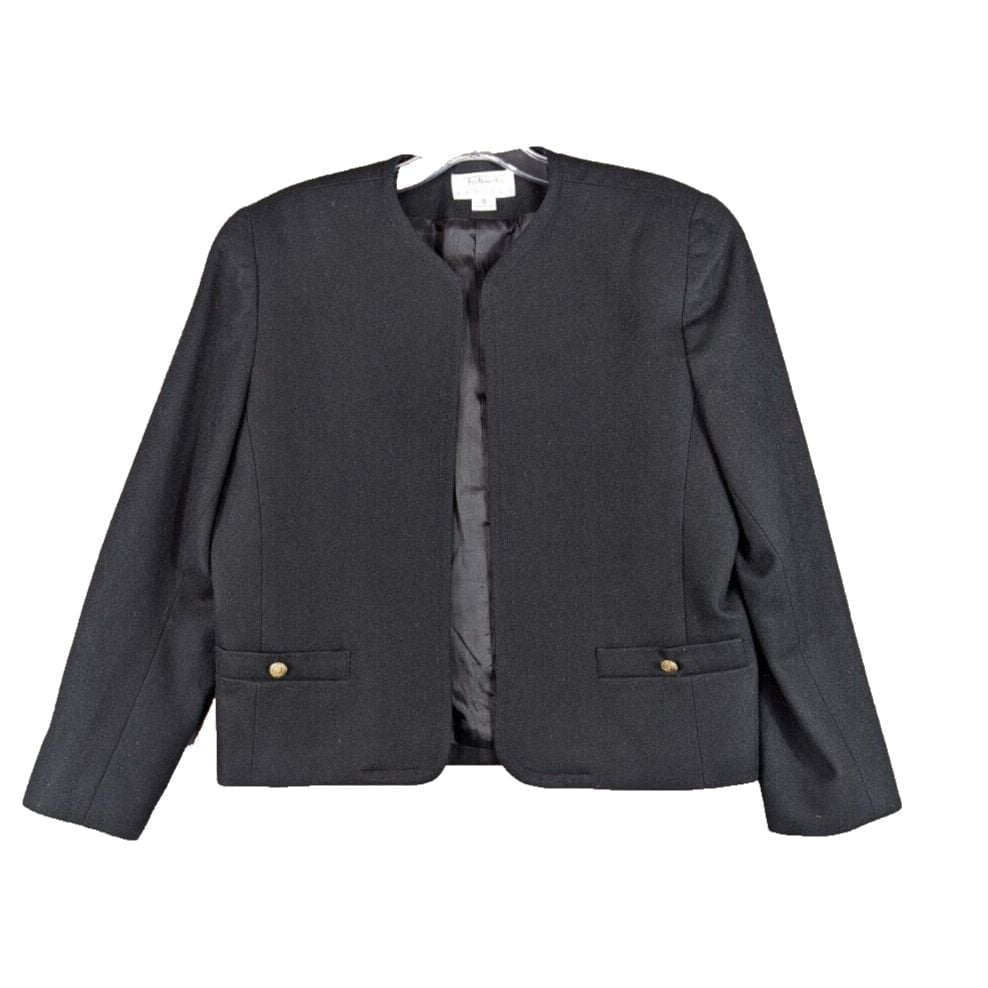 Talbots Black Worsted Wool Blazer Jacket Size 8P Open Front Career Formal Preppy