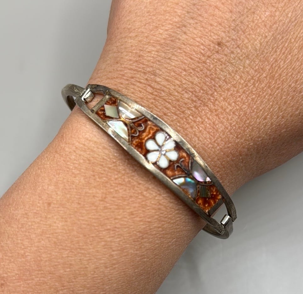Vintage Alpaca Mexico Silver Tone Brown Floral Abalone Pearl Shell Cuff Bracelet