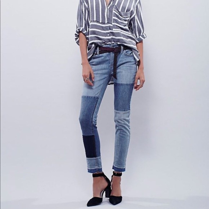 Free People Patchwork Released Raw Hem Button Fly Skinny Slouch Denim Jeans