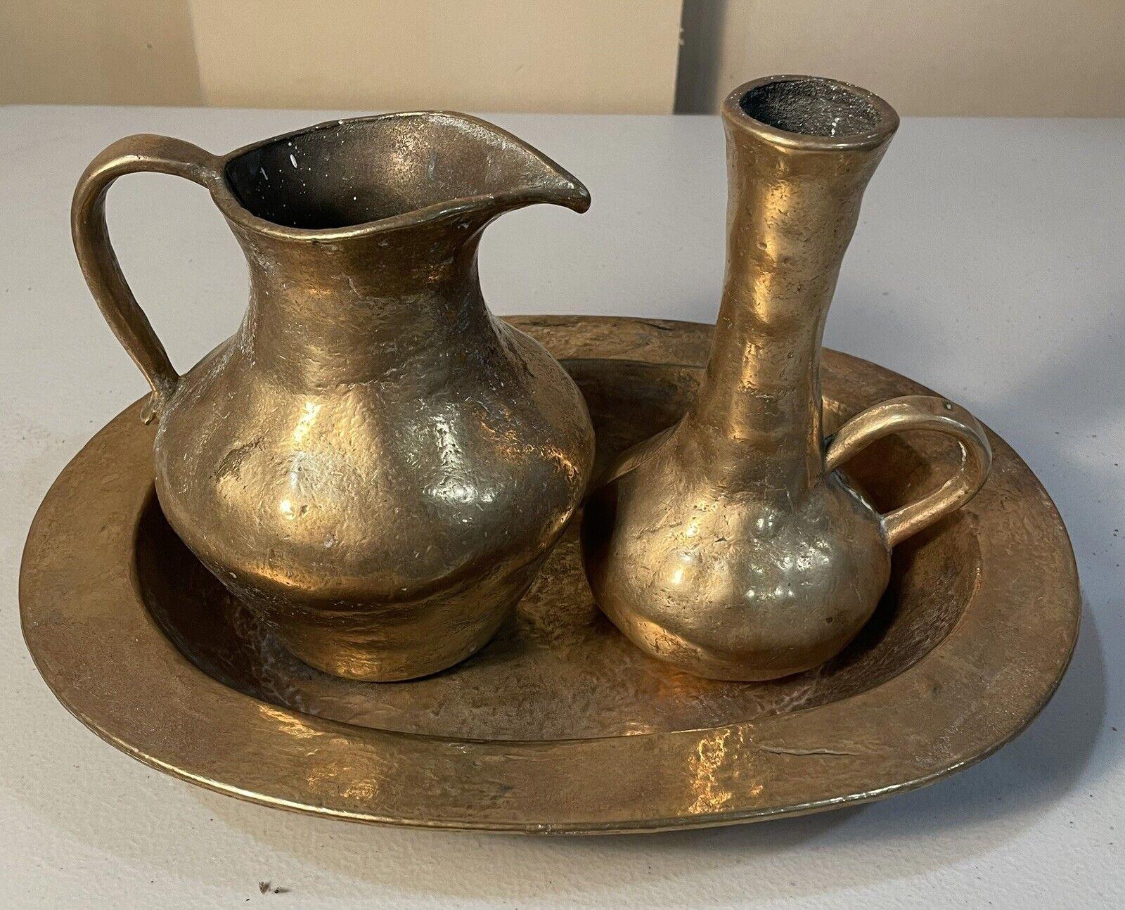 Antique Hand Made Brass Tray Set. Pitcher, Vase And Tray. Heavy Big Beautiful