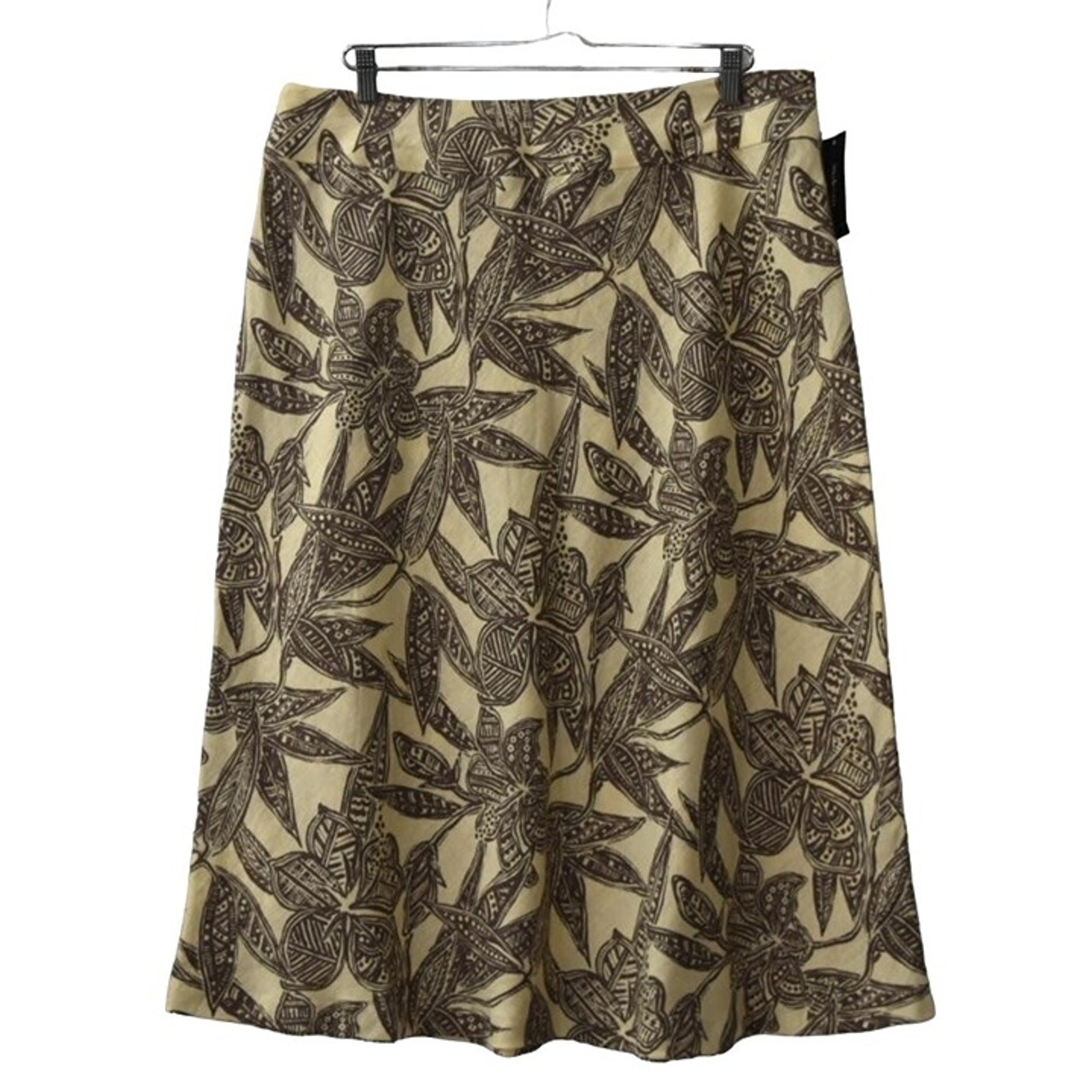 Style & Co Woman Linen Skirt 14W Midi Length A Line Cream Brown Floral
