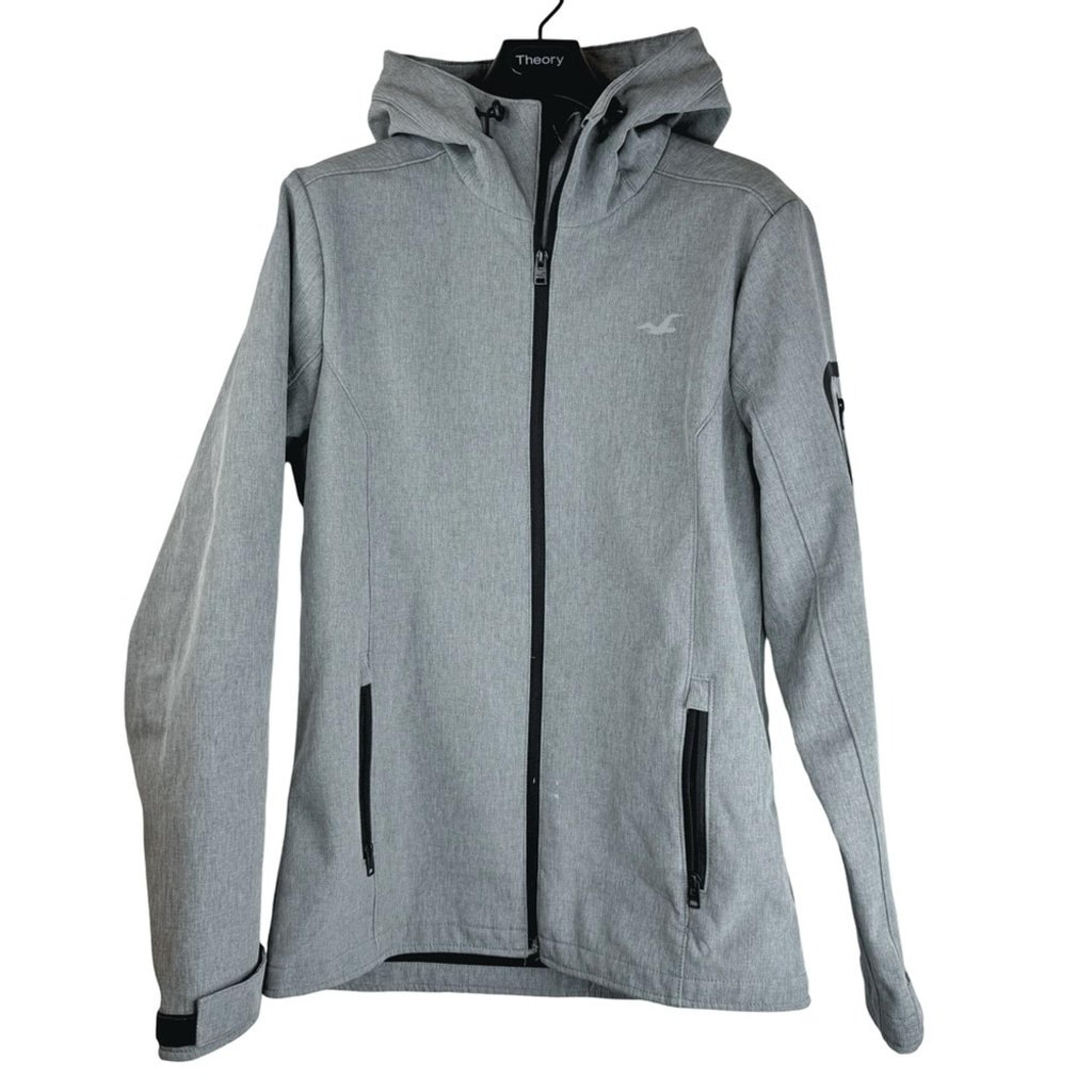 HOLLISTER Men's Grey Fleece Lined Stretchy Jacket w Hood Zipper Pockets & Logo M