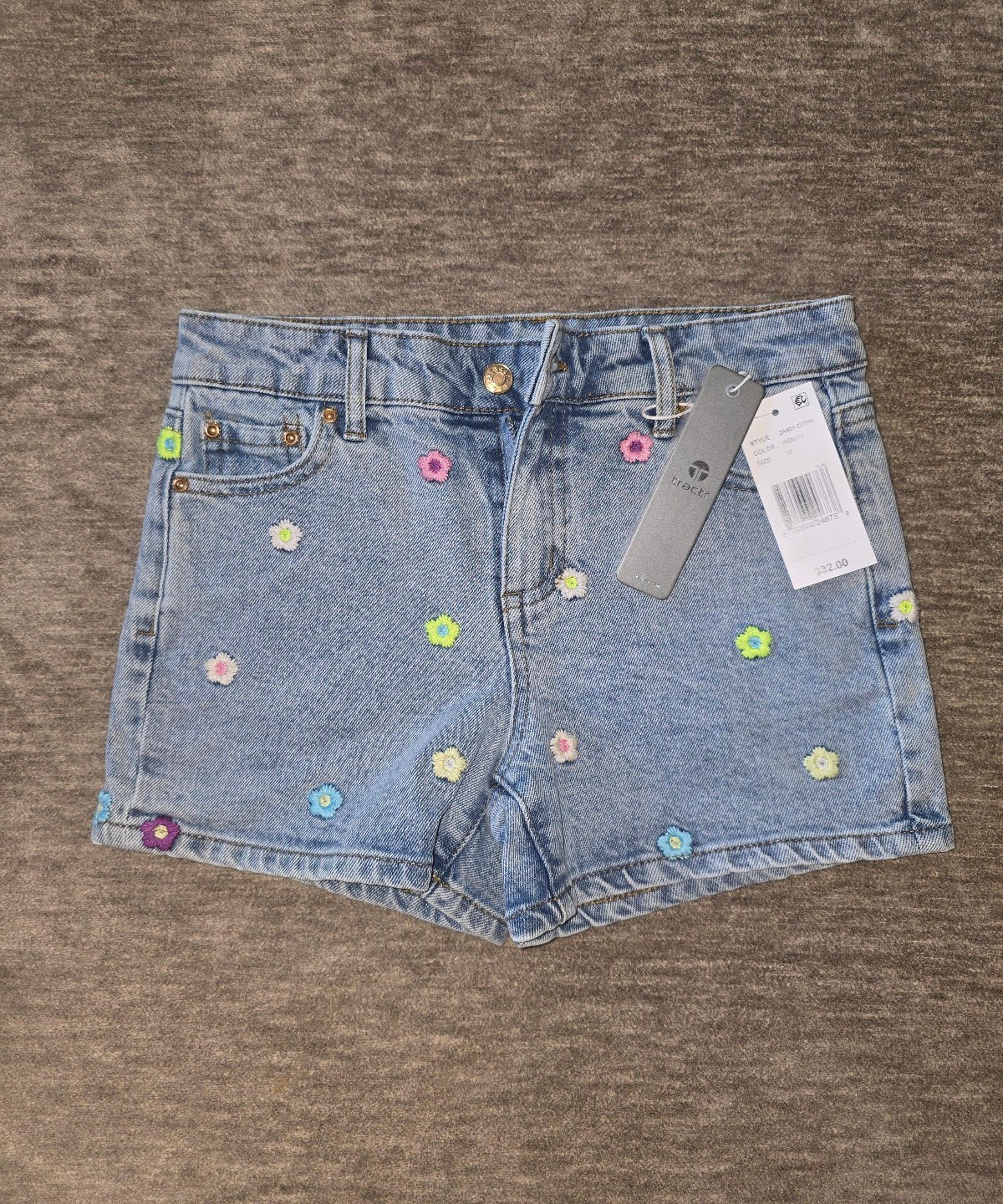 NWT Tractr Big Girl's Flower Embroidered Denim Jean Shorts, Size 12