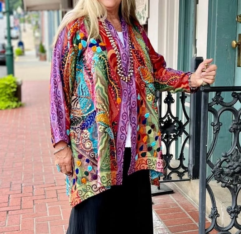 Anu By Natural Embroidered Ruana Kimono Wrap Shawl Wool Mixed Patchwork XL NWOT