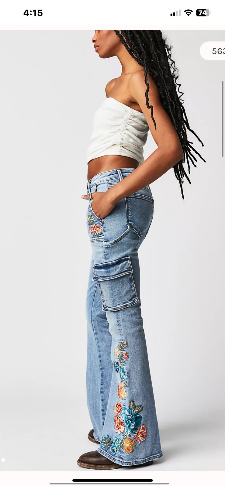 Free People Driftwood Farrah Embroidered Cargo Jeans Flare Savannah Blue