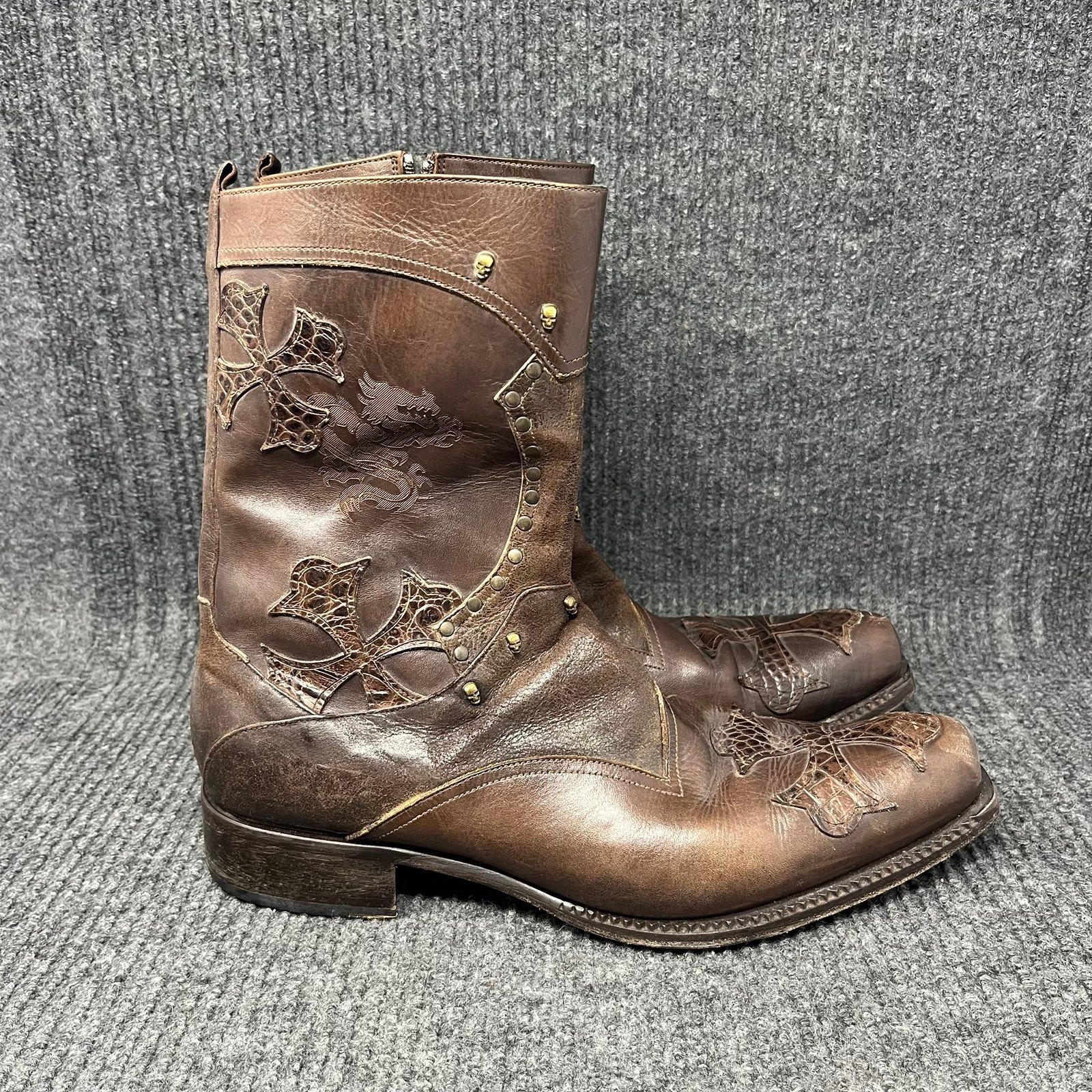 Mark Nason Rock Lives Dragon Cross Tall Boots Side Zip Brown Leather Mens 10.5