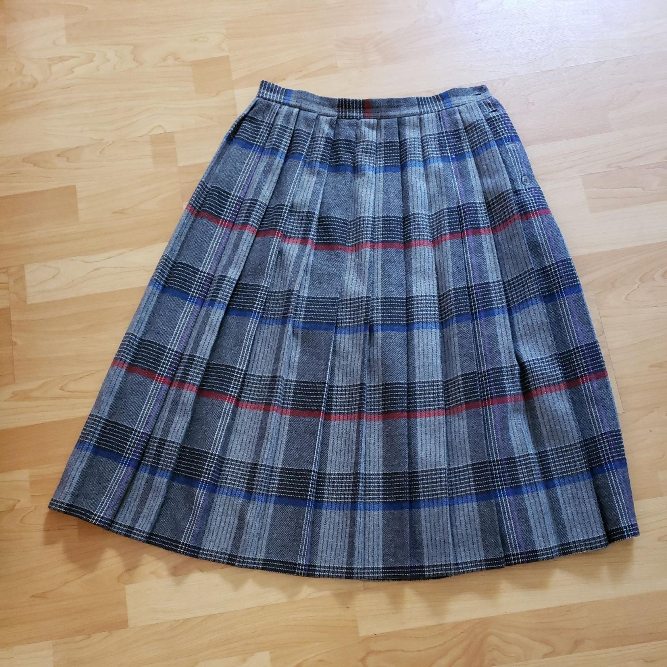 Vintage Koret pleated plaid skirt M wool tartan gray check