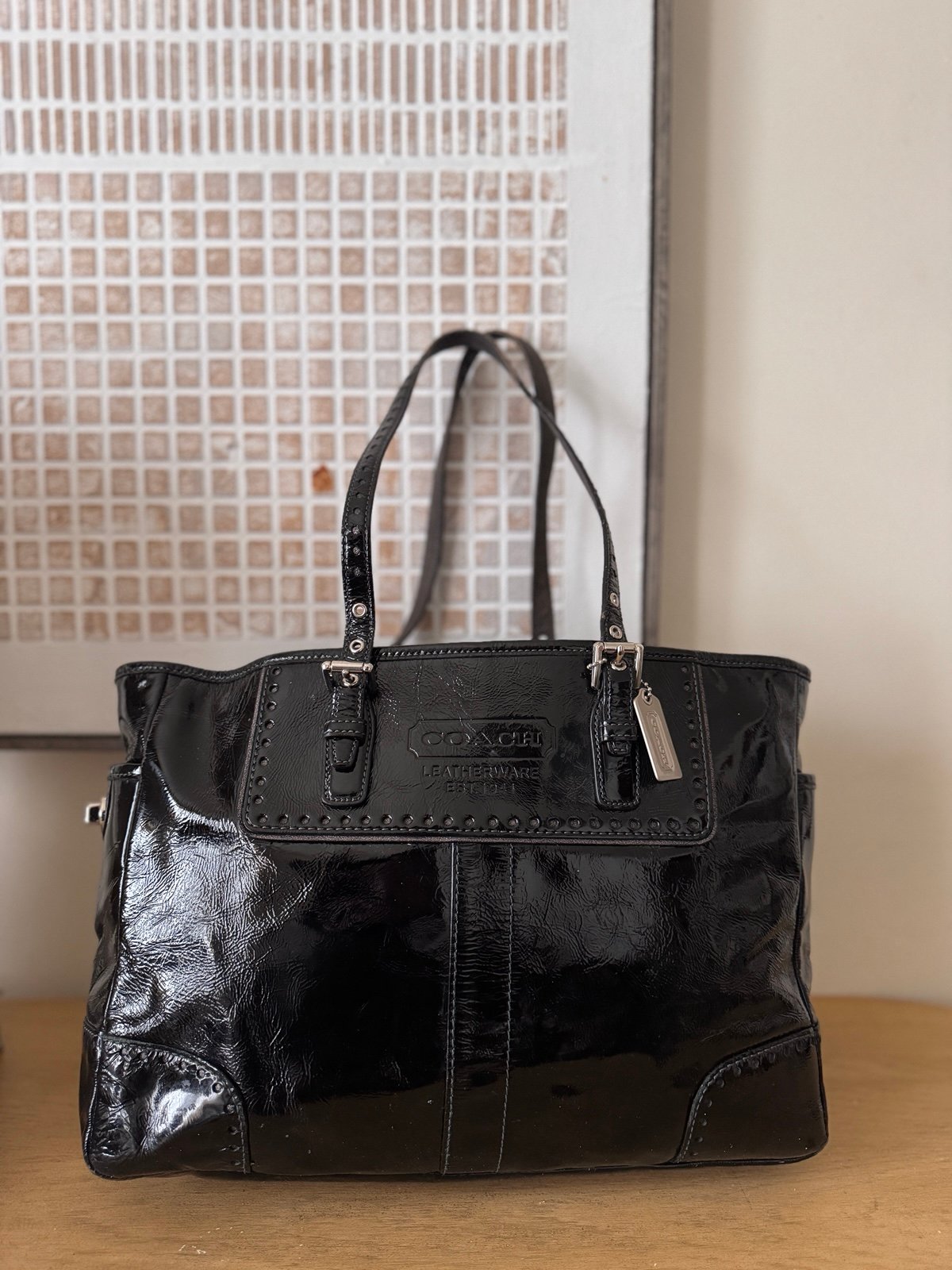 Coach Black Leather Shiny Tote Bag