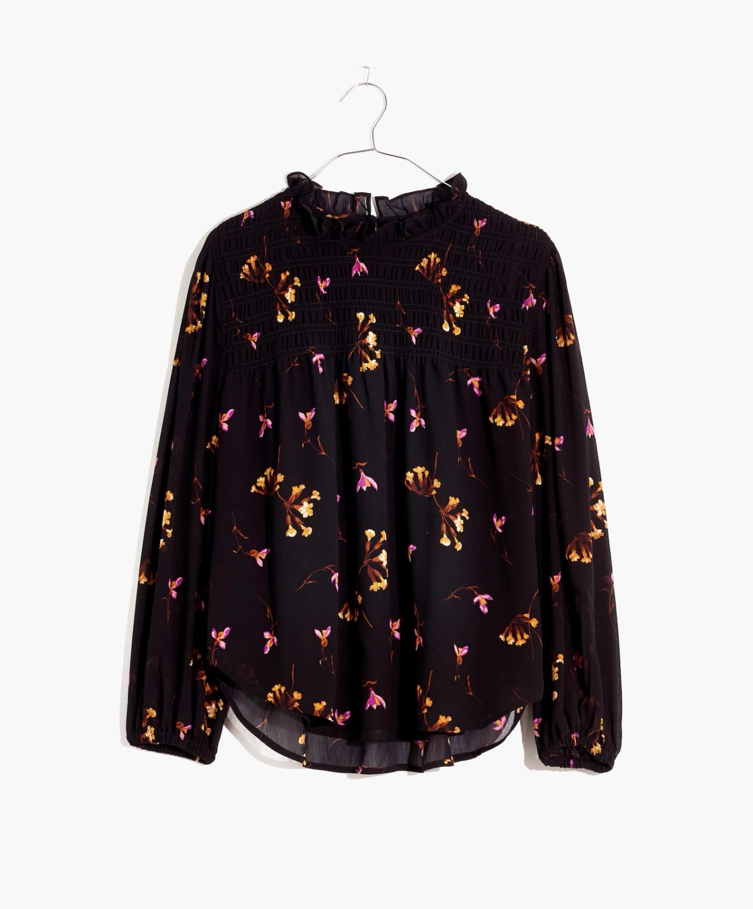 Madewell Georgette Ruffle-Collar Smocked Top in Falling Freesias