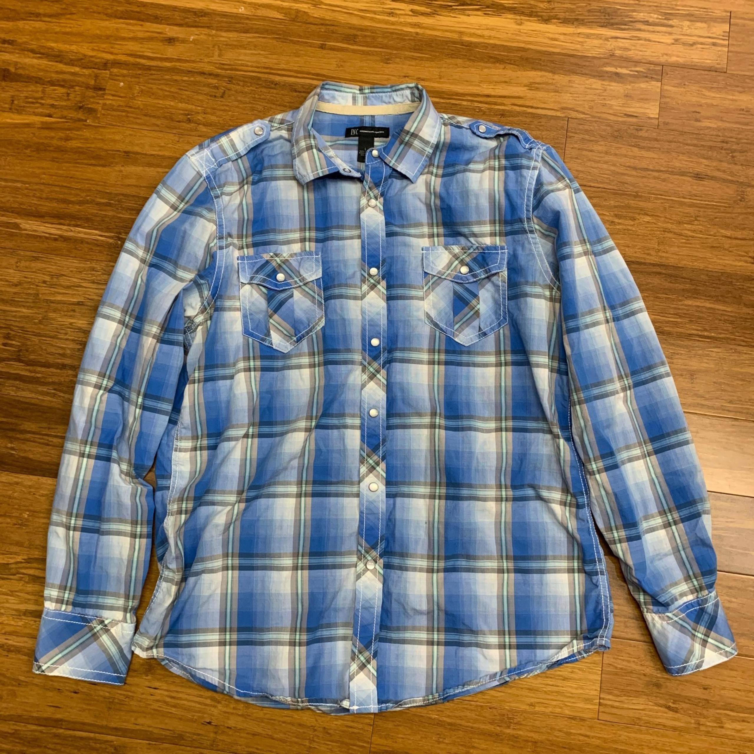 INC International Concepts Plaid Button Down Shirt Mens Size Large Pearl Snap