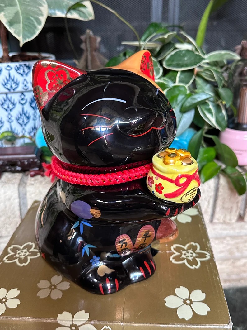 Collectible Hand painted black ceramic fortune cat. lucky cat, money cat.